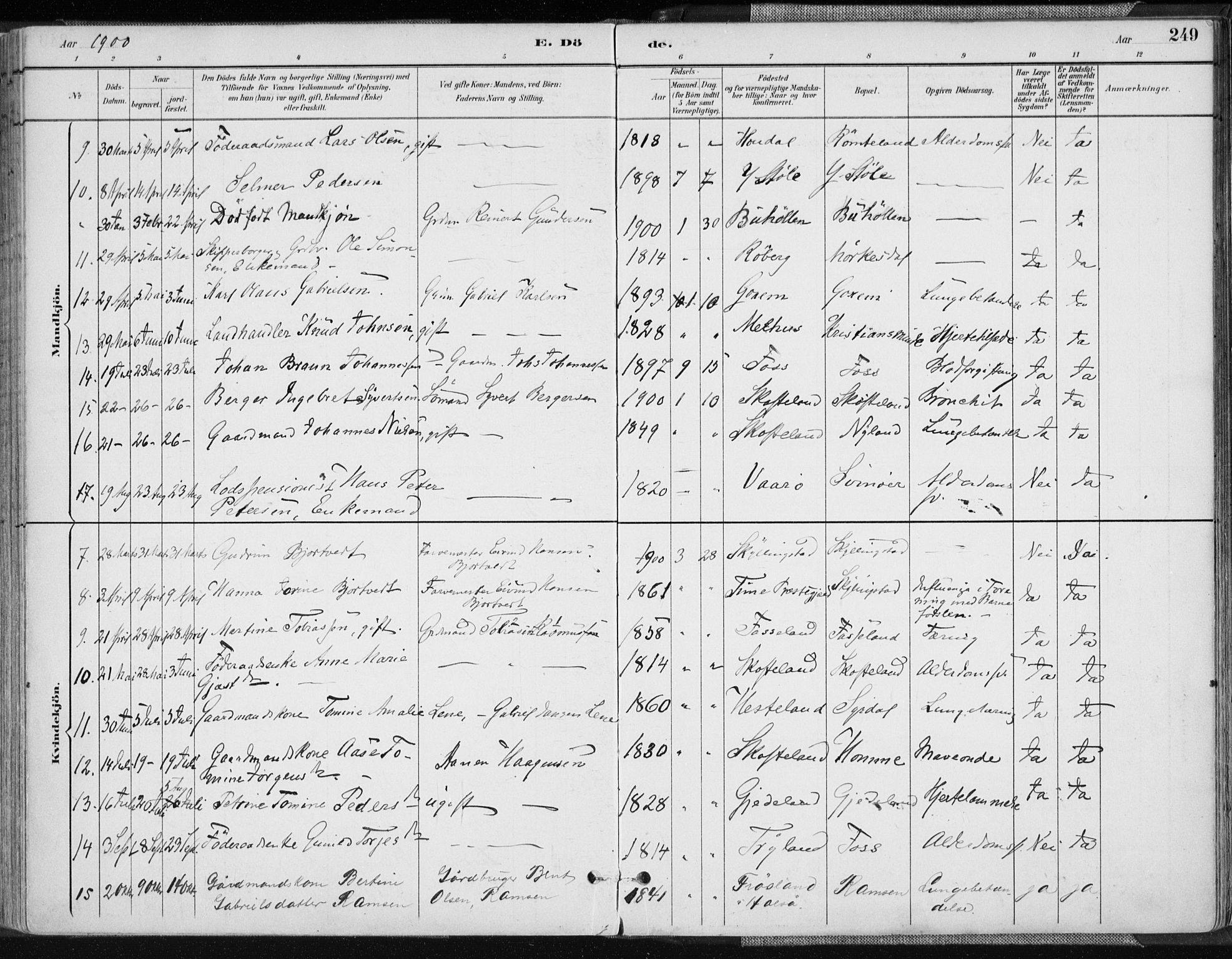 Sør-Audnedal sokneprestkontor, AV/SAK-1111-0039/F/Fa/Fab/L0010: Parish register (official) no. A 10, 1892-1913, p. 249