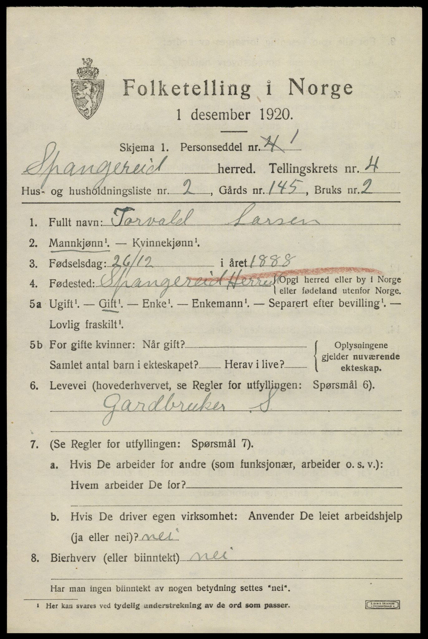 SAK, 1920 census for Spangereid, 1920, p. 1525