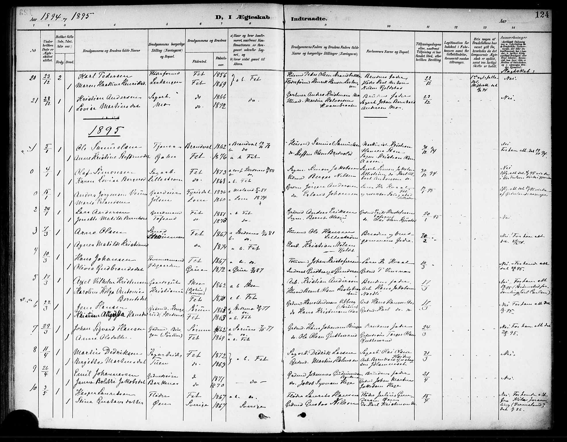 Fet prestekontor Kirkebøker, SAO/A-10370a/F/Fa/L0015: Parish register (official) no. I 15, 1892-1904, p. 124