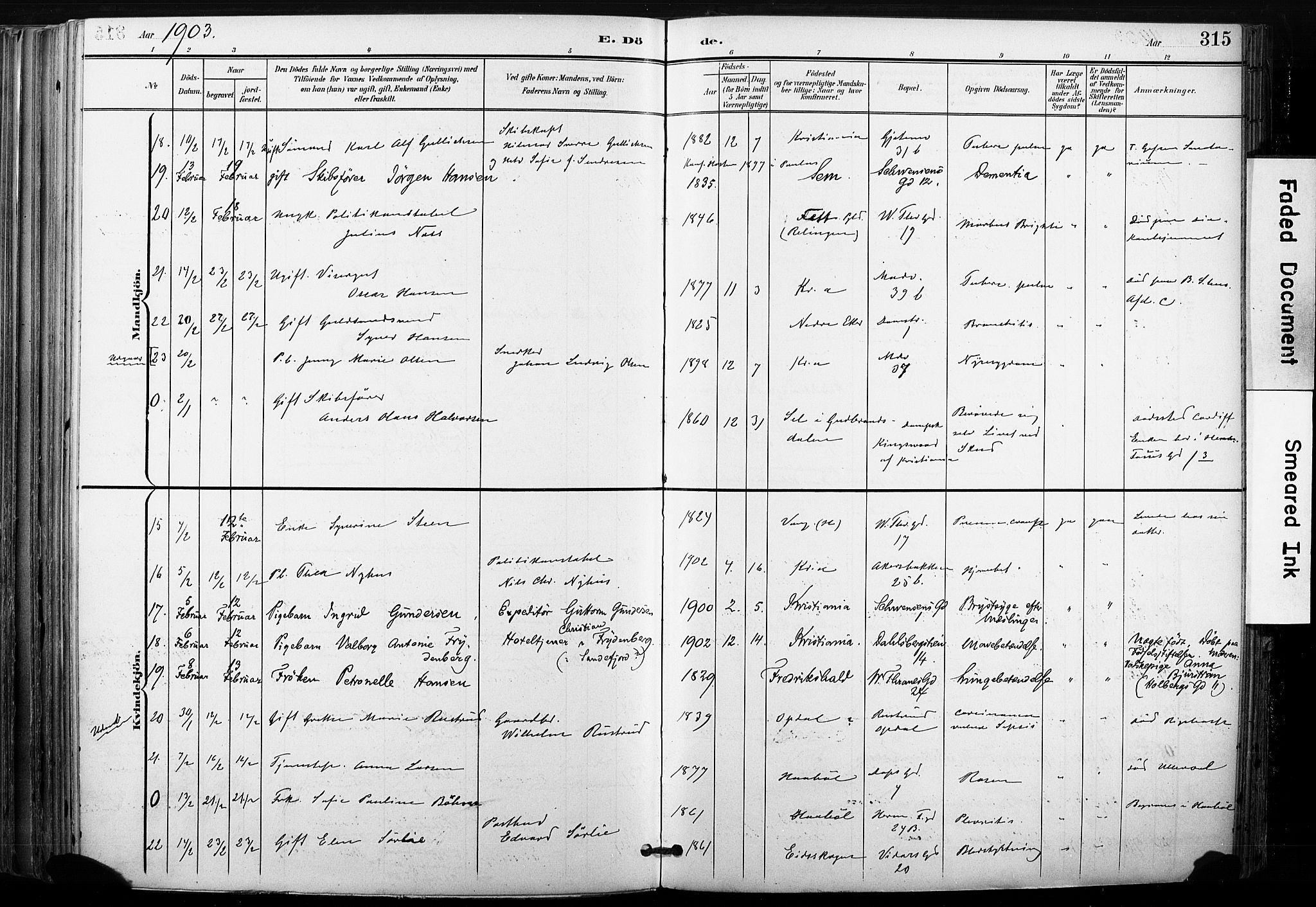 Gamle Aker prestekontor Kirkebøker, AV/SAO-A-10617a/F/L0013: Parish register (official) no. 13, 1901-1908, p. 315