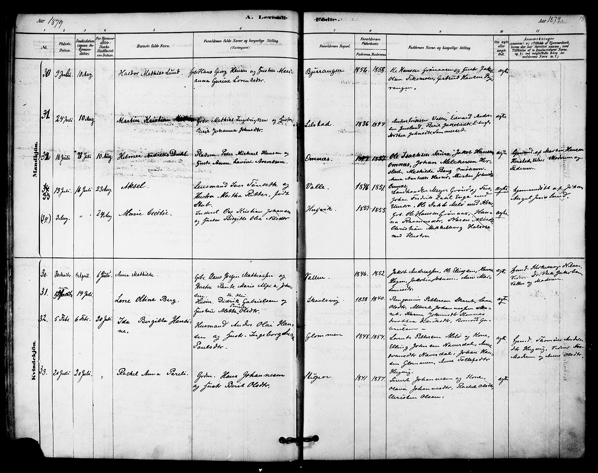 Ministerialprotokoller, klokkerbøker og fødselsregistre - Nordland, AV/SAT-A-1459/843/L0626: Parish register (official) no. 843A01, 1878-1907, p. 15