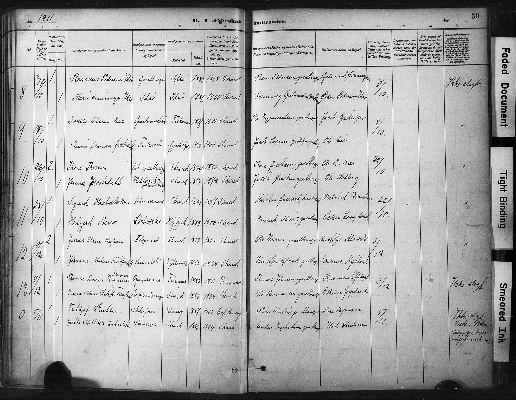 Strand sokneprestkontor, AV/SAST-A-101828/H/Ha/Haa/L0010: Parish register (official) no. A 10, 1882-1929, p. 39