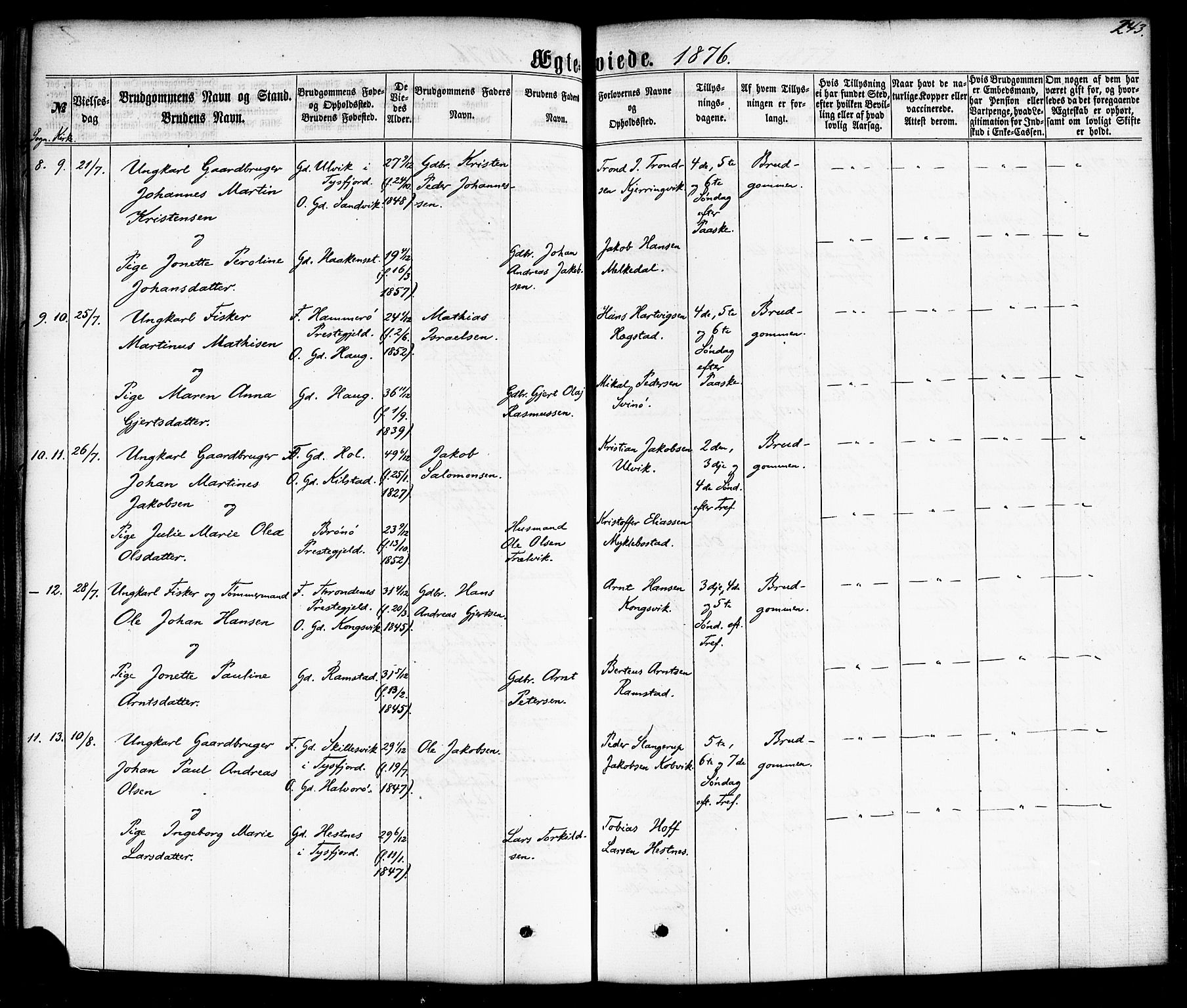 Ministerialprotokoller, klokkerbøker og fødselsregistre - Nordland, AV/SAT-A-1459/872/L1034: Parish register (official) no. 872A09, 1864-1884, p. 243