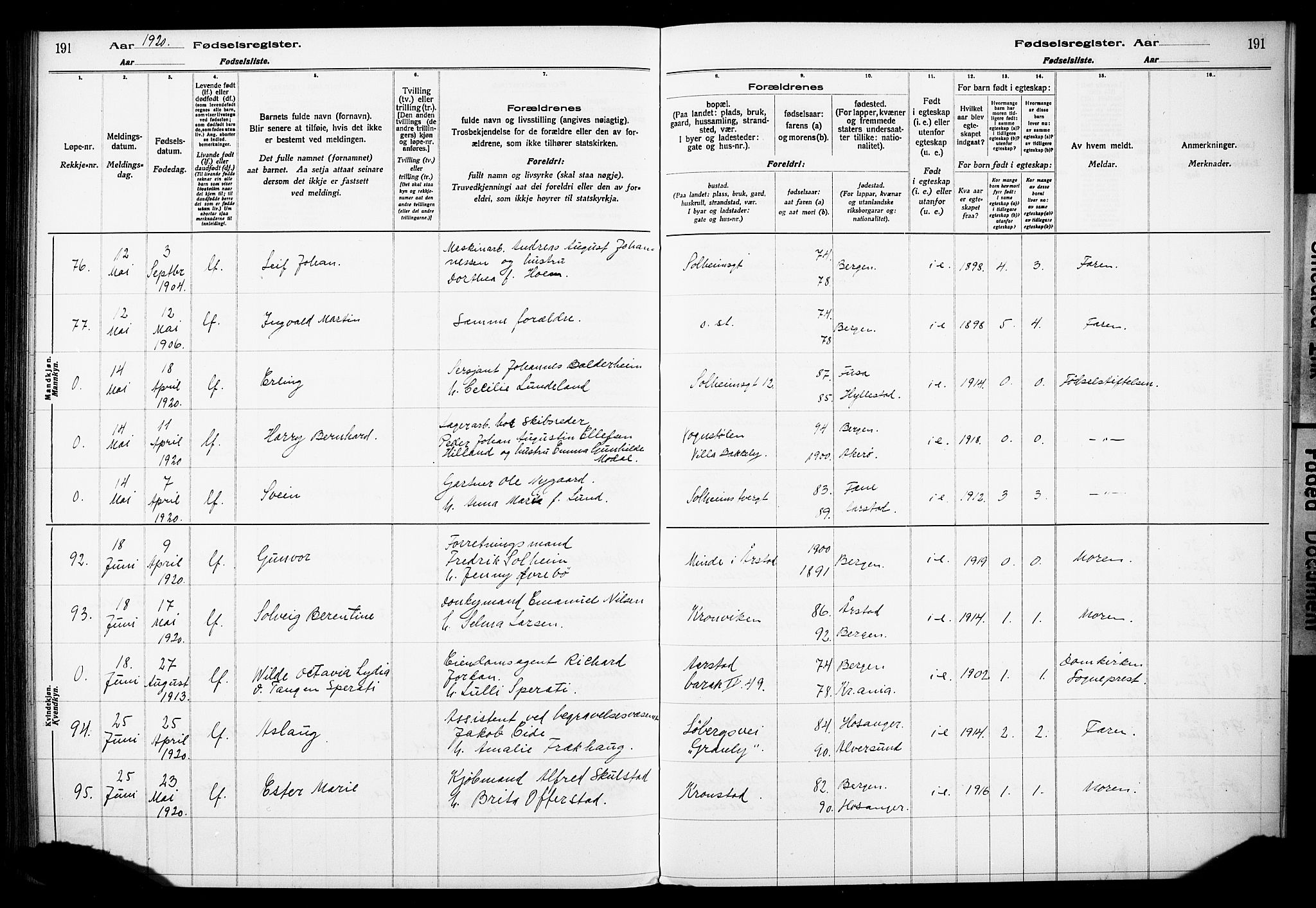 Årstad Sokneprestembete, SAB/A-79301/I/Id/L0A01: Birth register no. A 1, 1916-1920, p. 191