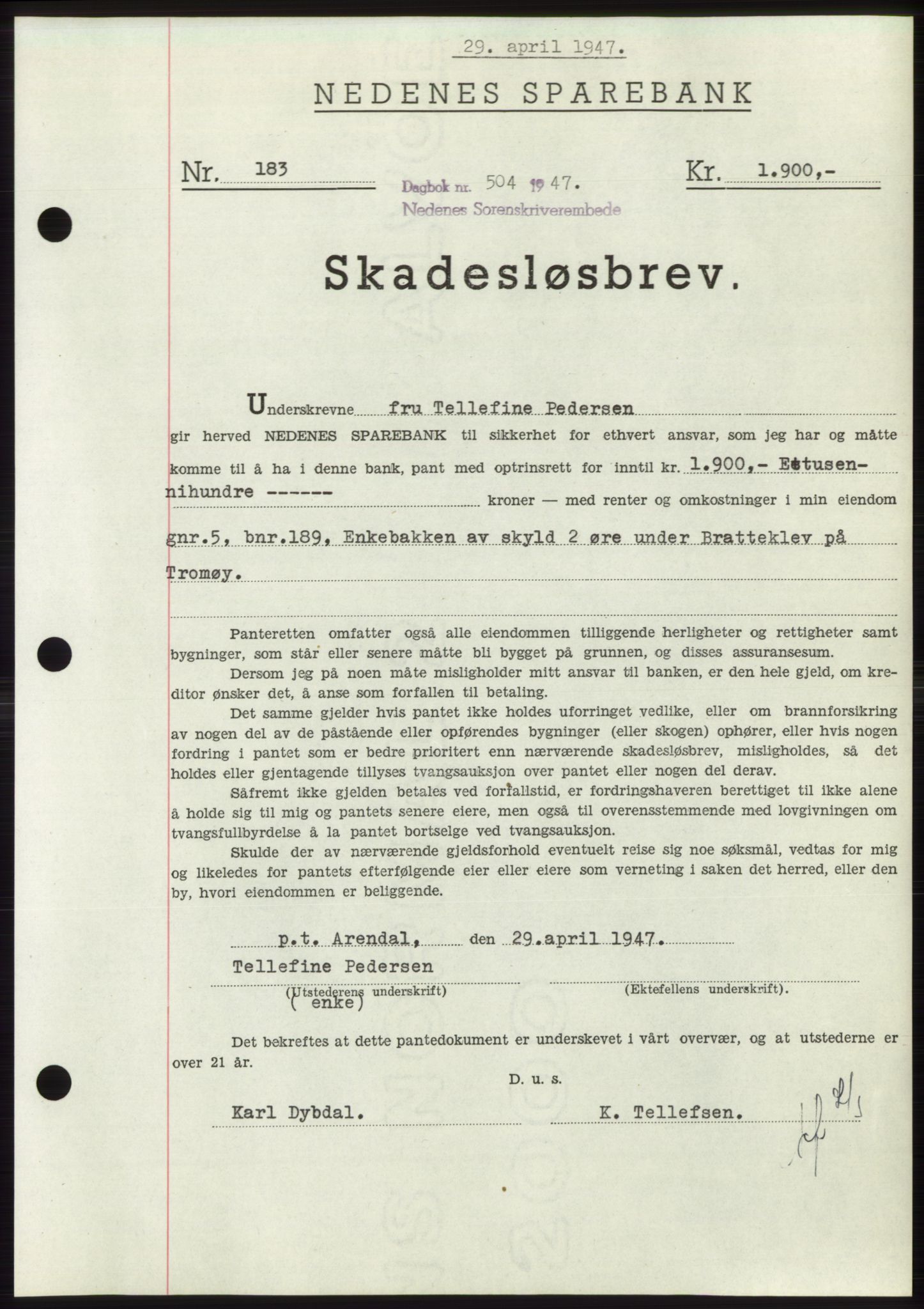 Nedenes sorenskriveri, AV/SAK-1221-0006/G/Gb/Gbb/L0004: Mortgage book no. B4, 1947-1947, Diary no: : 504/1947