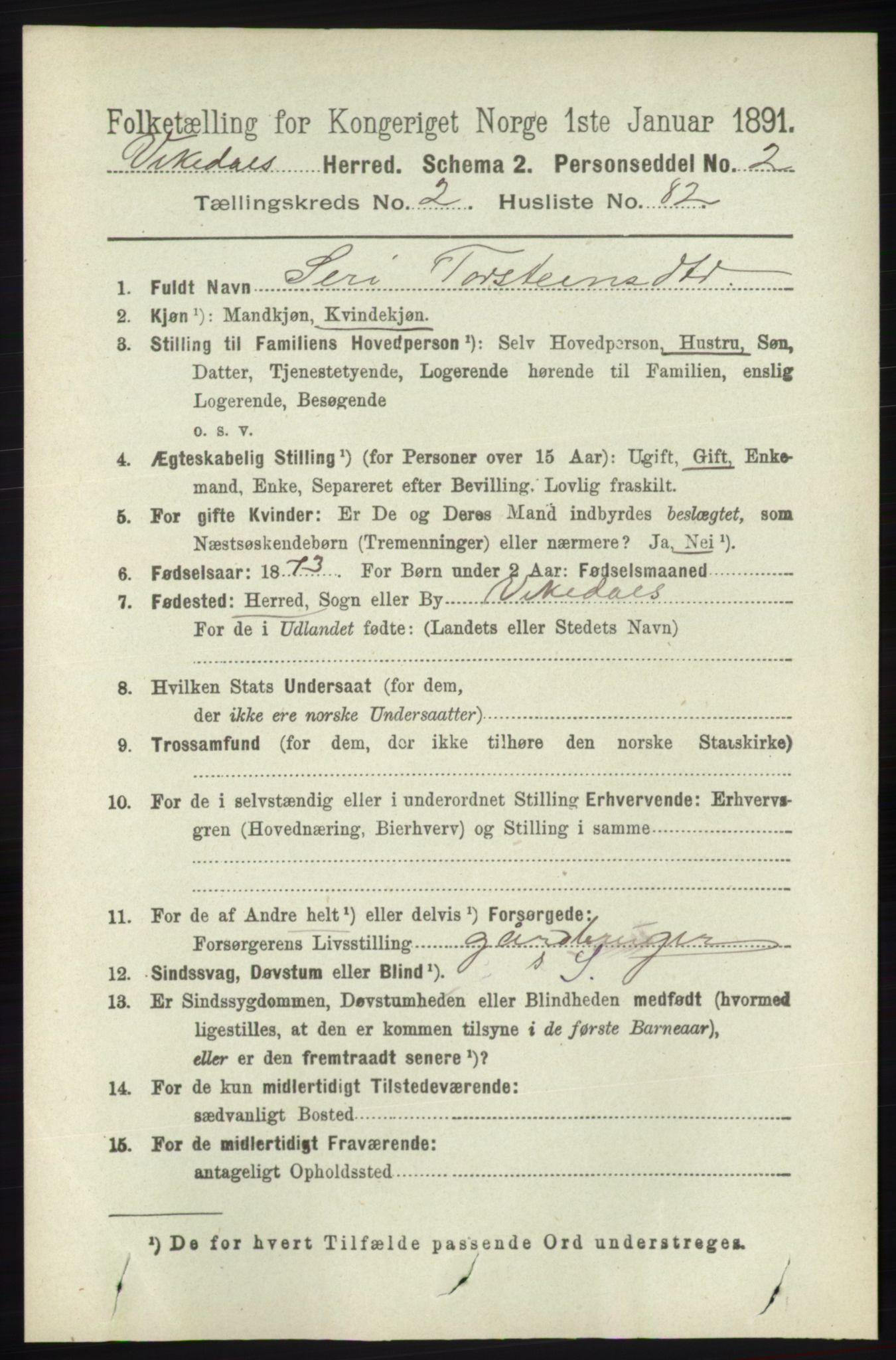 RA, 1891 census for 1157 Vikedal, 1891, p. 630