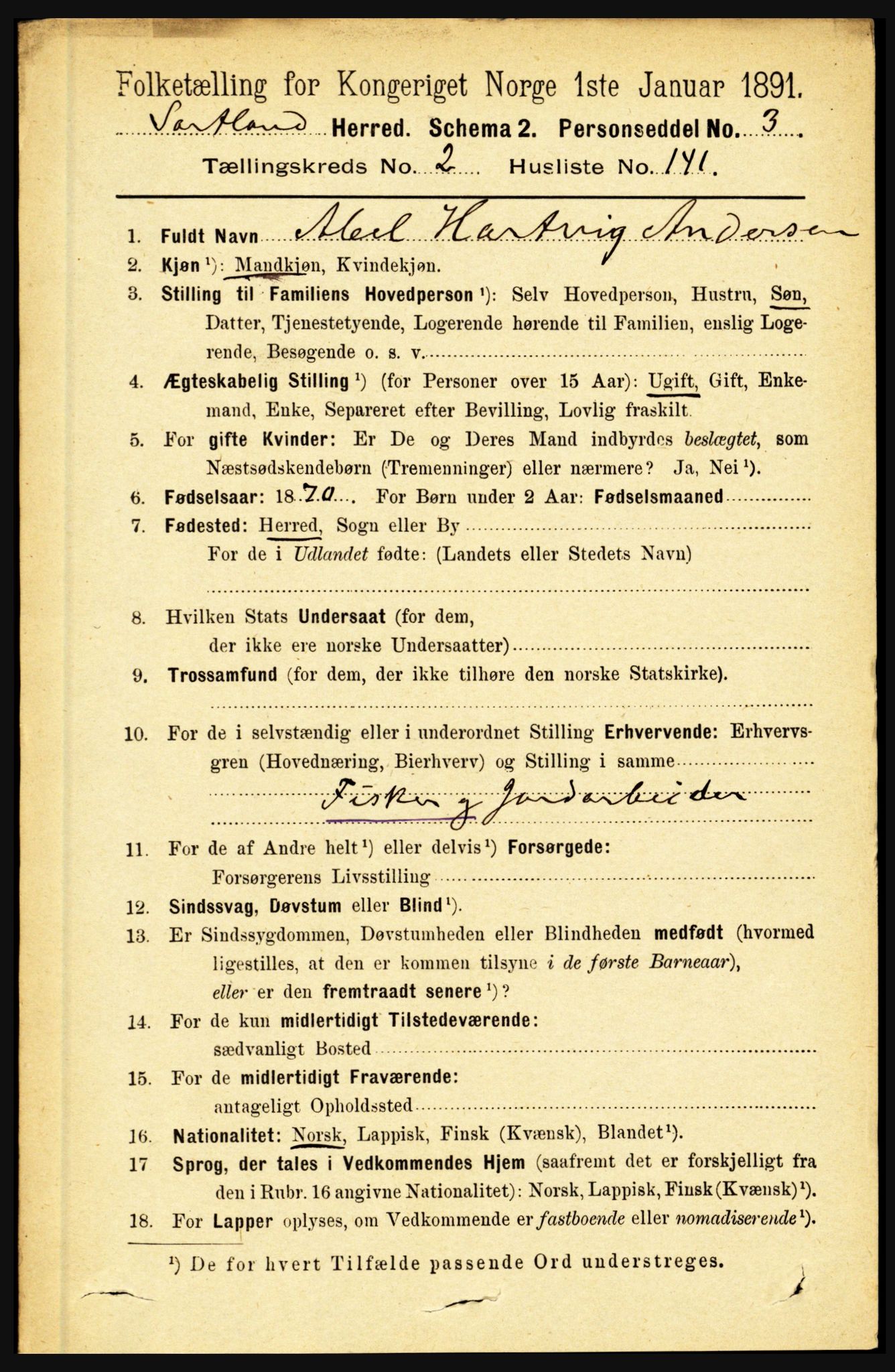 RA, 1891 census for 1870 Sortland, 1891, p. 2070