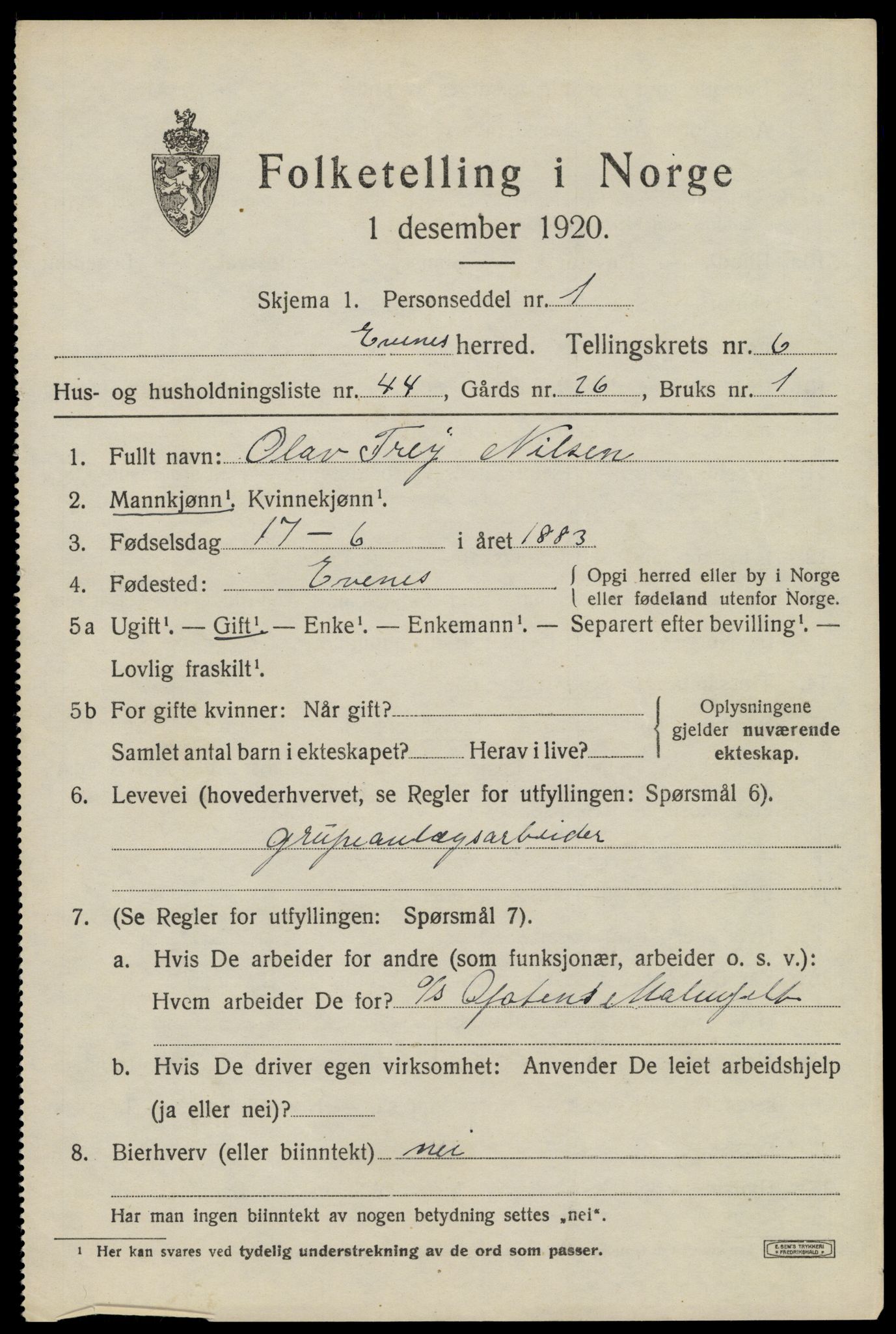 SAT, 1920 census for Evenes, 1920, p. 6026