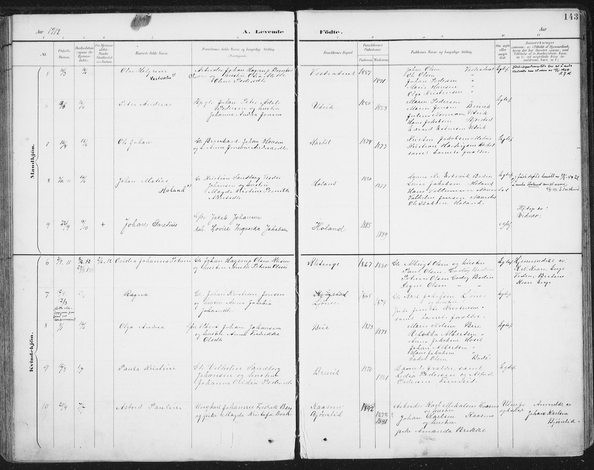 Ministerialprotokoller, klokkerbøker og fødselsregistre - Nordland, AV/SAT-A-1459/852/L0741: Parish register (official) no. 852A11, 1894-1917, p. 143