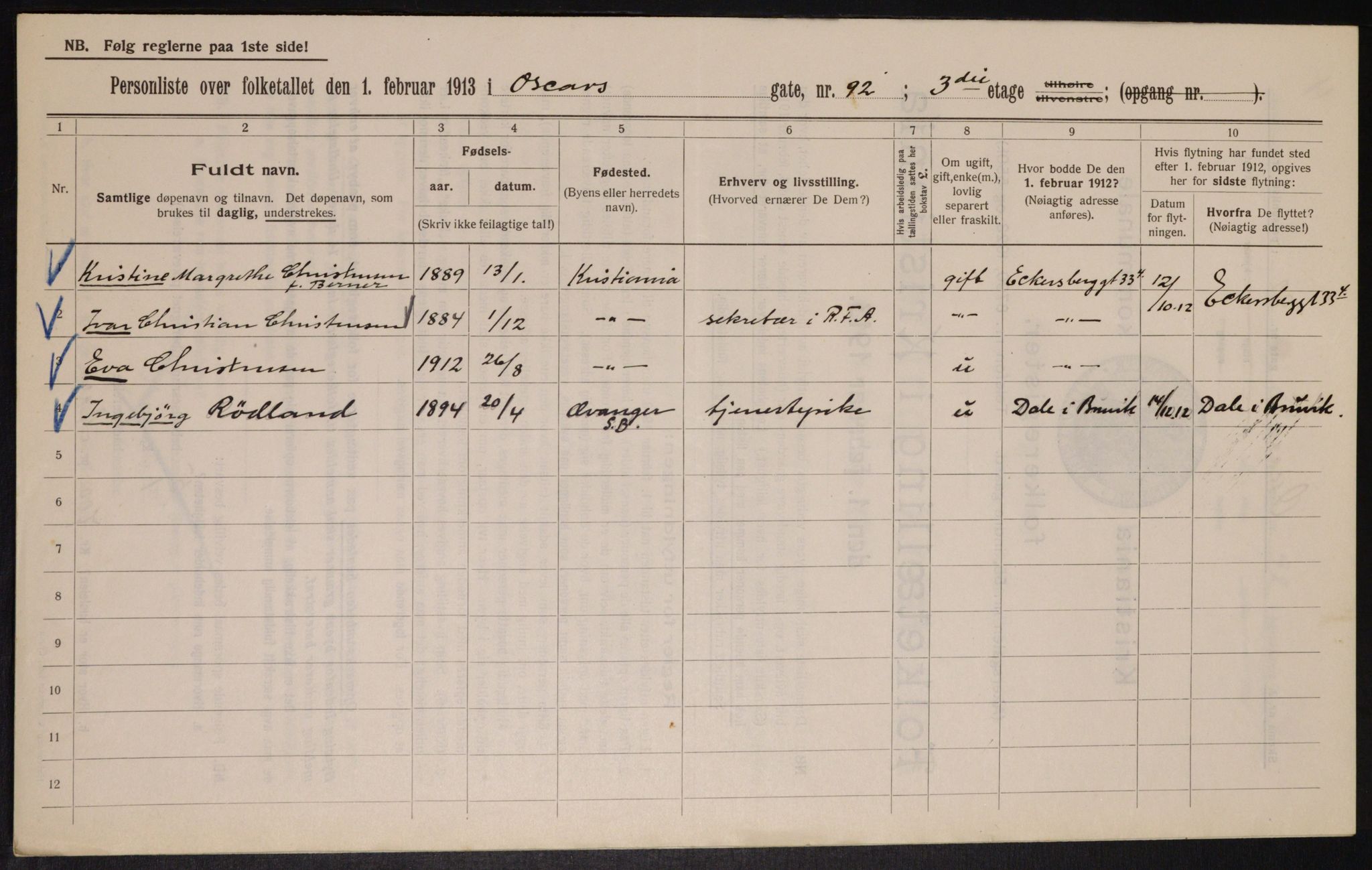 OBA, Municipal Census 1913 for Kristiania, 1913, p. 77084