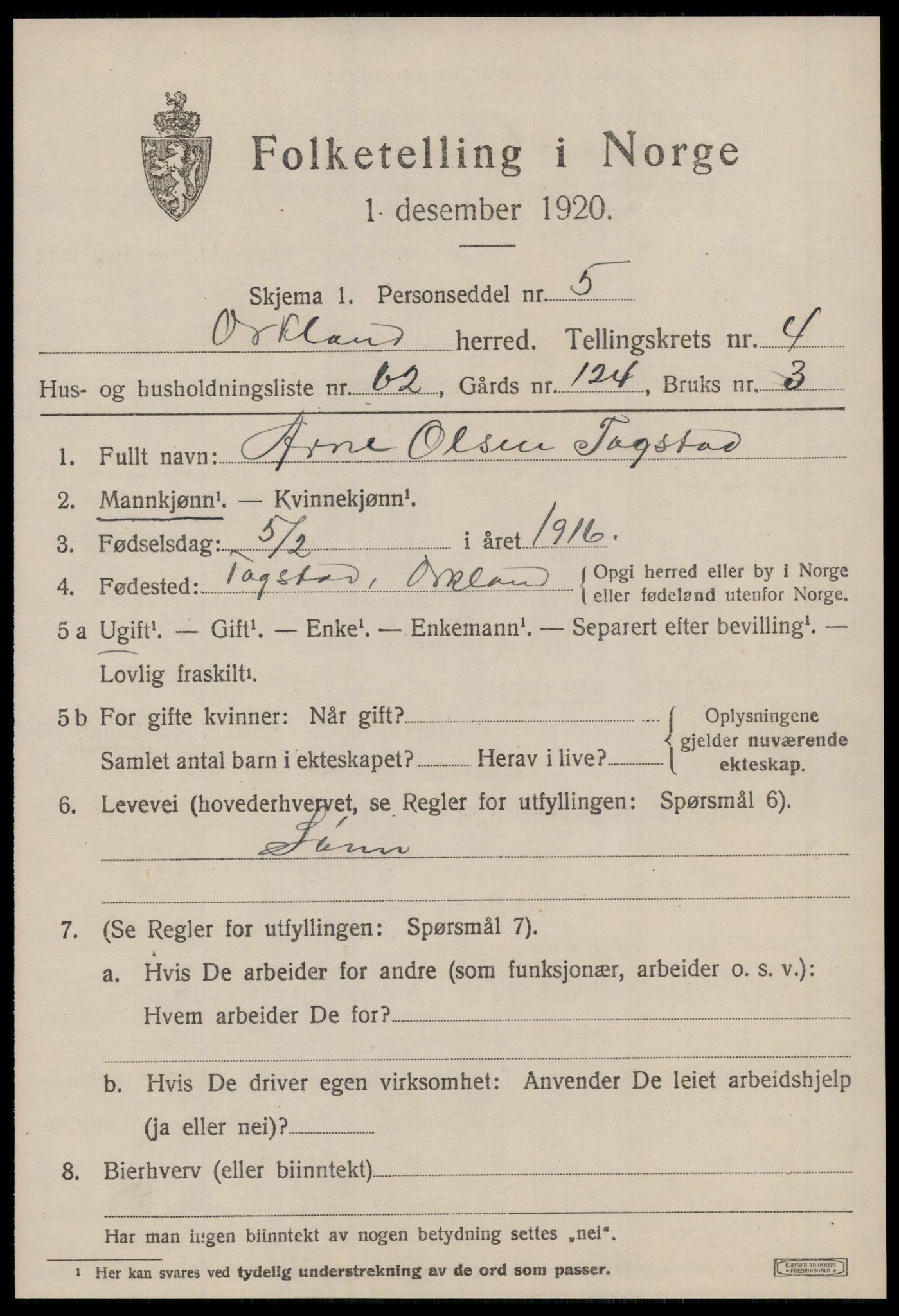 SAT, 1920 census for Orkland, 1920, p. 4016