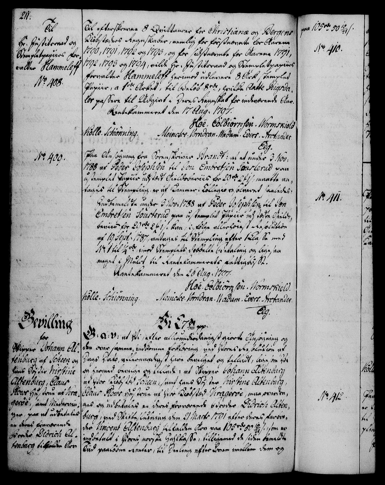 Rentekammeret, Kammerkanselliet, AV/RA-EA-3111/G/Gg/Gga/L0016: Norsk ekspedisjonsprotokoll med register (merket RK 53.16), 1794-1800, p. 211