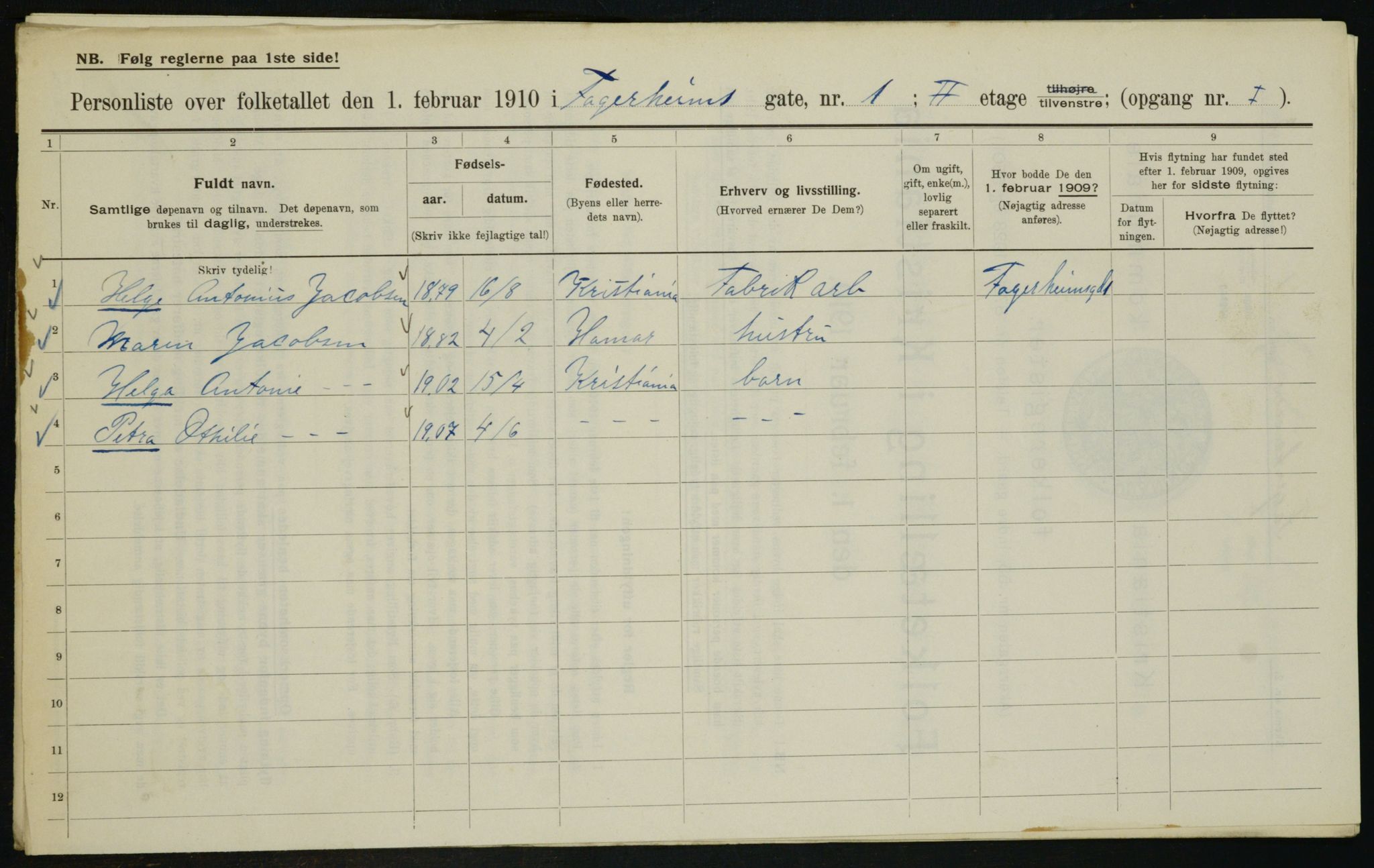 OBA, Municipal Census 1910 for Kristiania, 1910, p. 21705