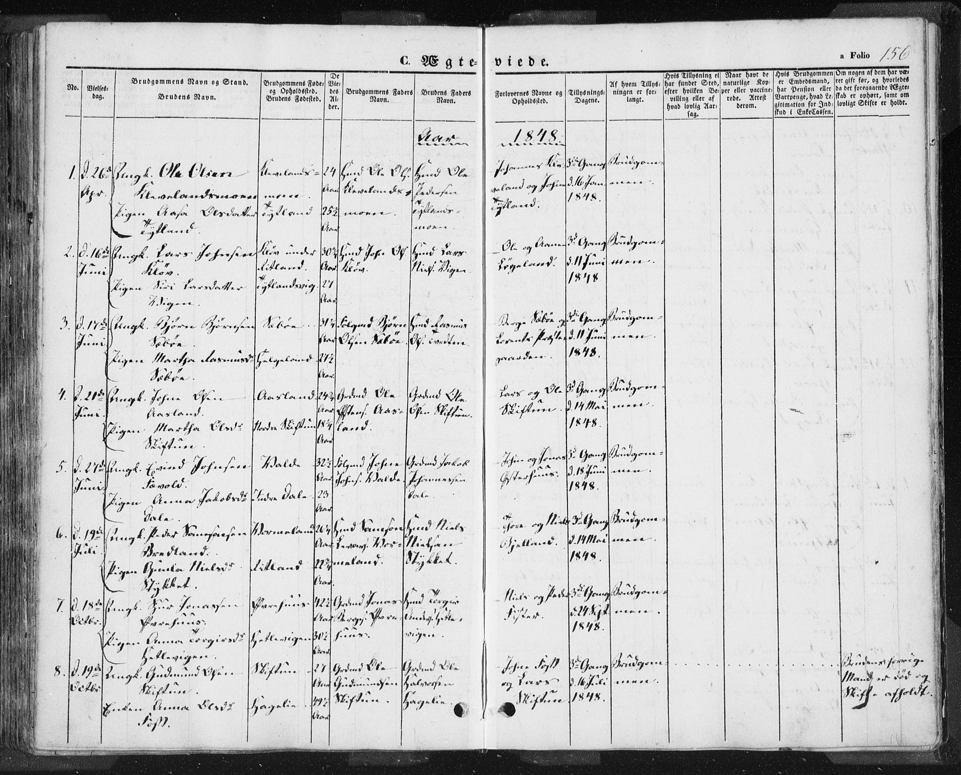 Hjelmeland sokneprestkontor, AV/SAST-A-101843/01/IV/L0009: Parish register (official) no. A 9, 1846-1860, p. 156