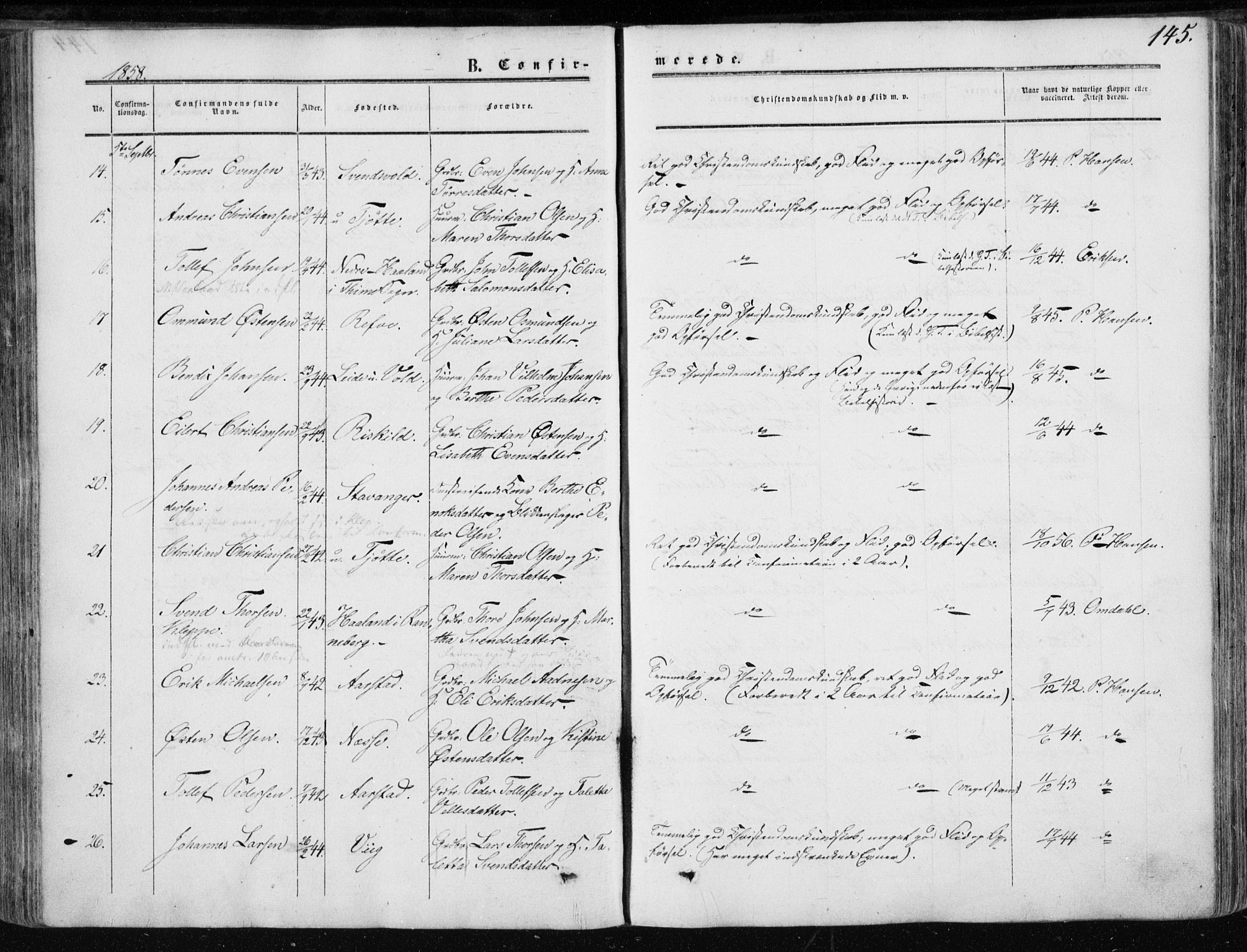 Klepp sokneprestkontor, AV/SAST-A-101803/001/3/30BA/L0005: Parish register (official) no. A 5, 1853-1870, p. 145