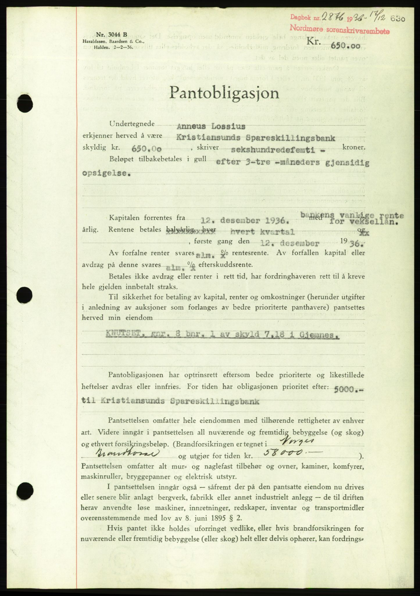 Nordmøre sorenskriveri, AV/SAT-A-4132/1/2/2Ca/L0090: Mortgage book no. B80, 1936-1937, Diary no: : 2876/1936