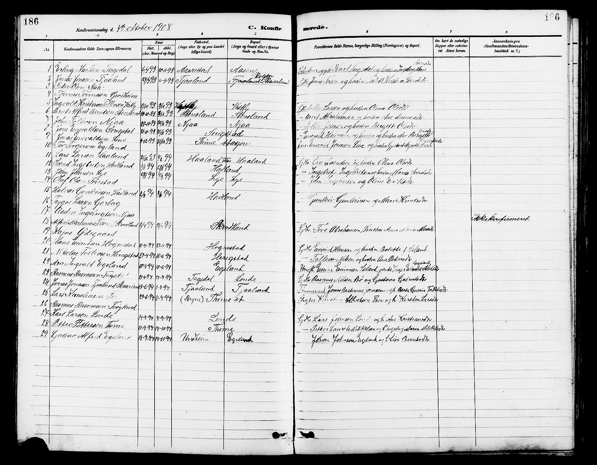 Lye sokneprestkontor, AV/SAST-A-101794/001/30BB/L0007: Parish register (copy) no. B 8, 1889-1909, p. 186