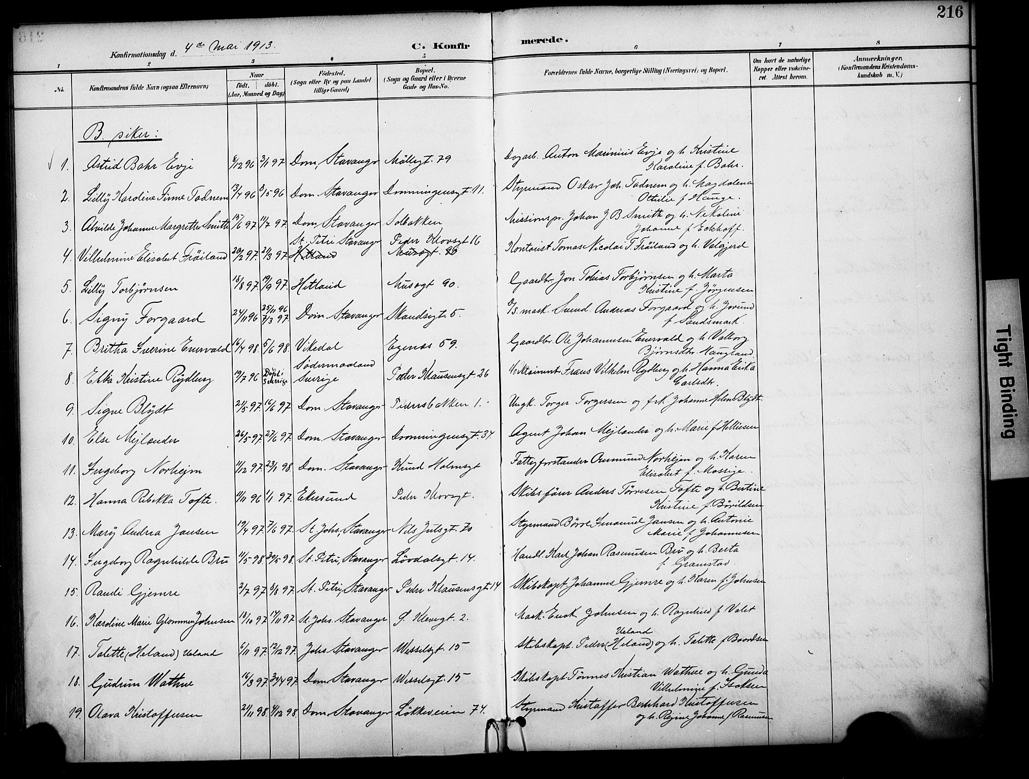 Domkirken sokneprestkontor, AV/SAST-A-101812/001/30/30BA/L0031: Parish register (official) no. A 30, 1896-1916, p. 216