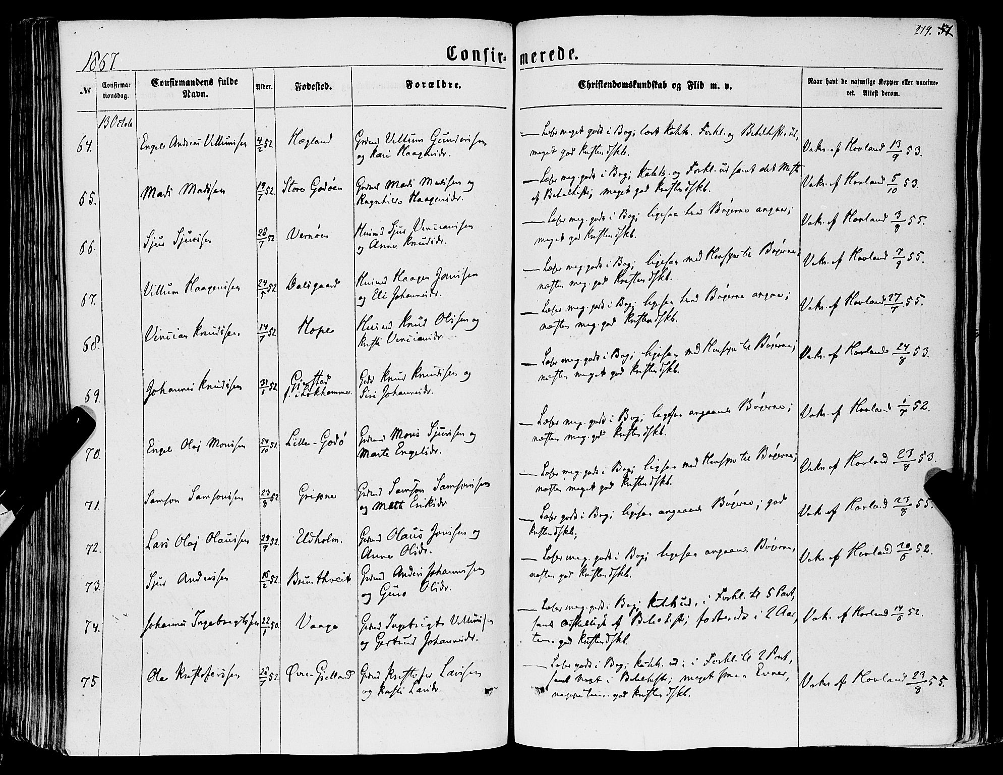Tysnes sokneprestembete, AV/SAB-A-78601/H/Haa: Parish register (official) no. A 11, 1860-1871, p. 219