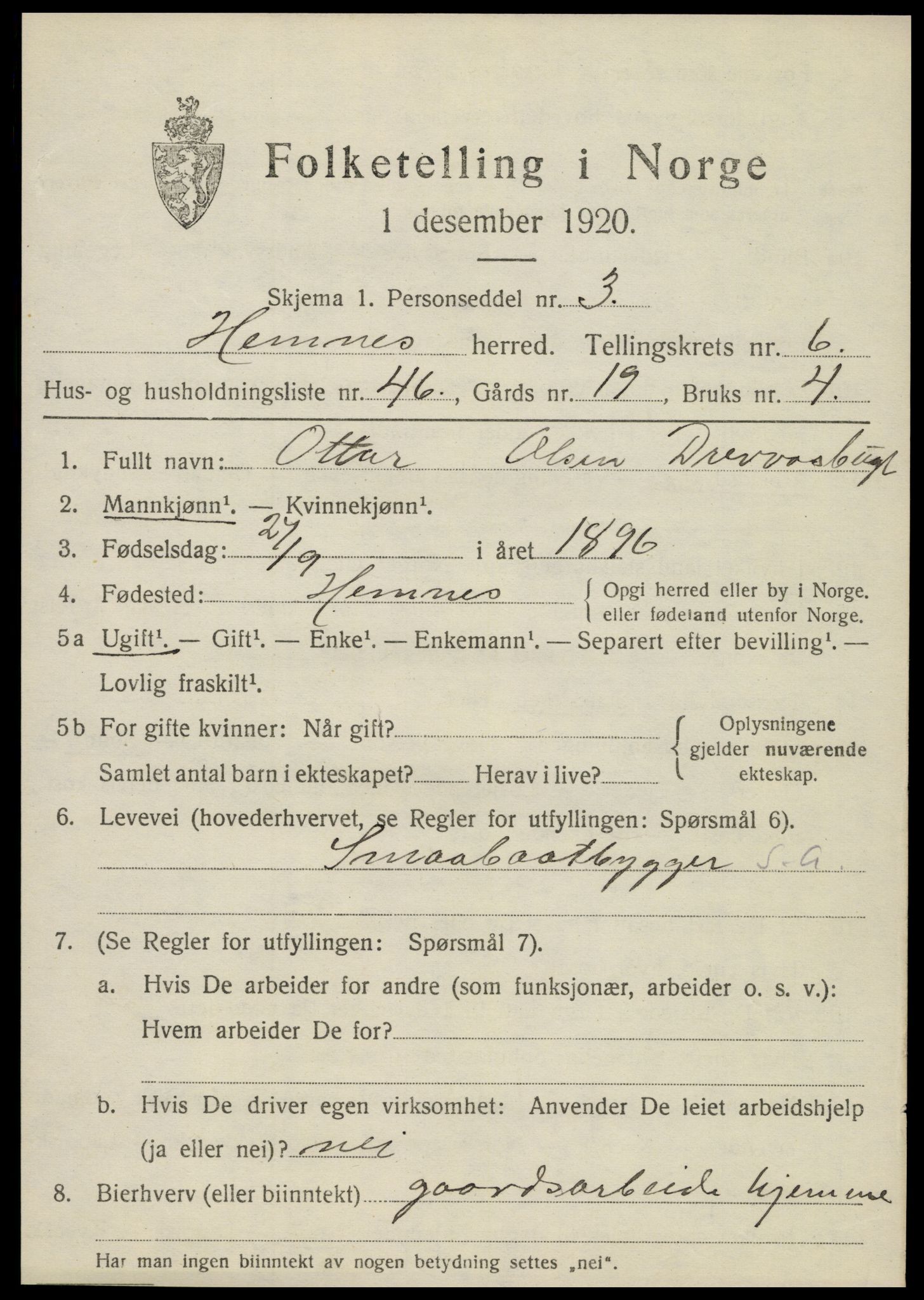 SAT, 1920 census for Hemnes, 1920, p. 6914