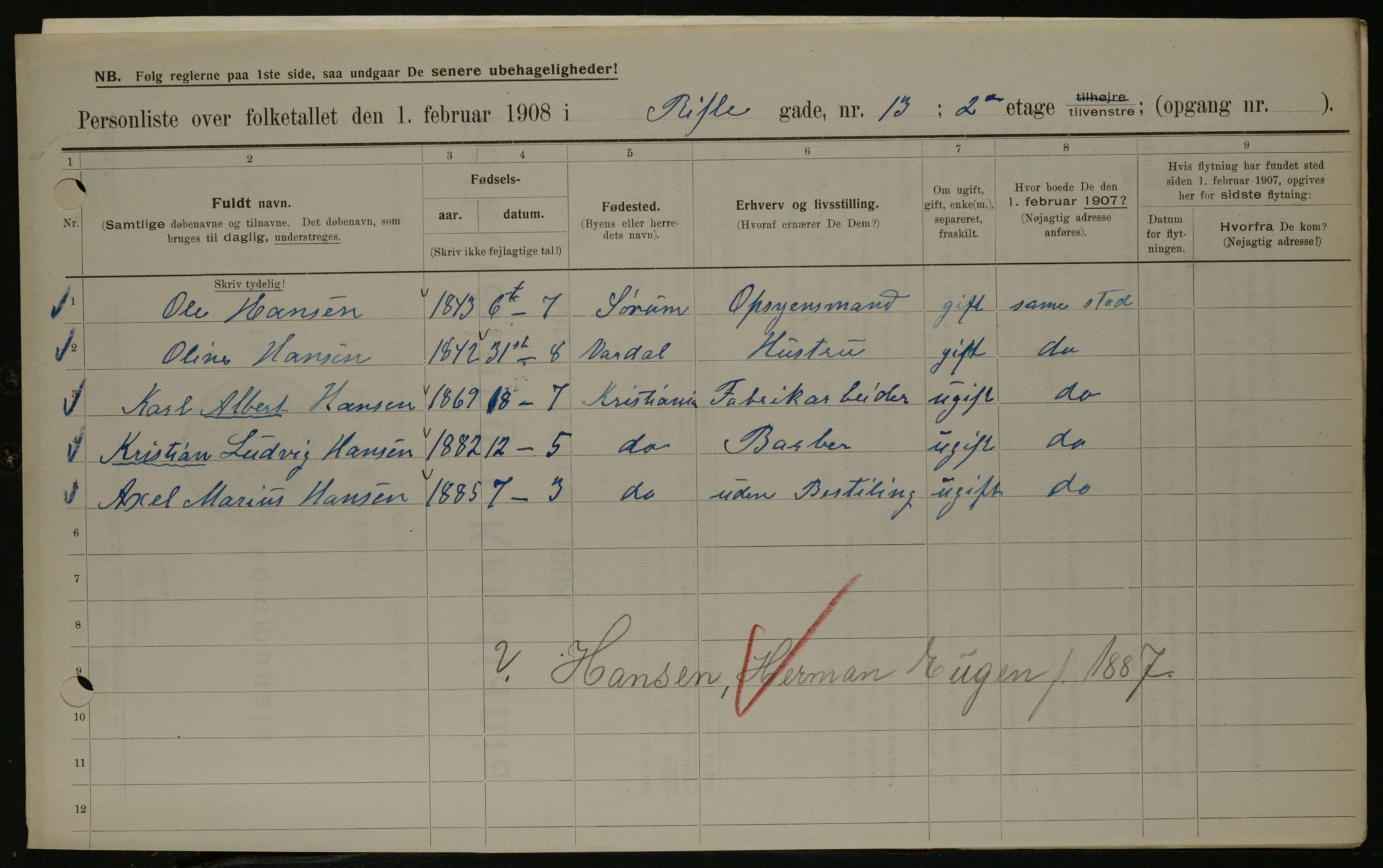 OBA, Municipal Census 1908 for Kristiania, 1908, p. 74741