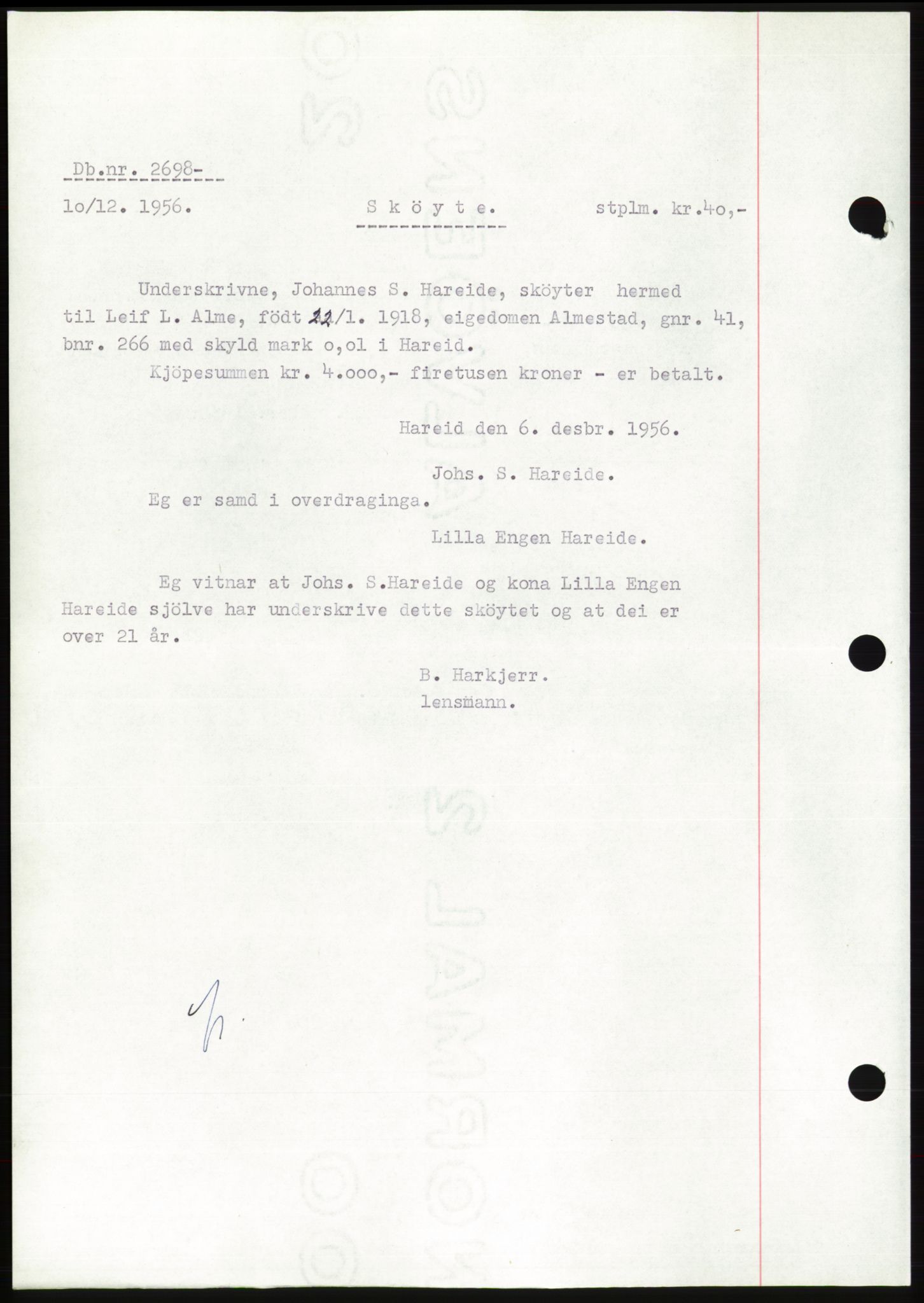 Søre Sunnmøre sorenskriveri, AV/SAT-A-4122/1/2/2C/L0105: Mortgage book no. 31A, 1956-1957, Diary no: : 2698/1956