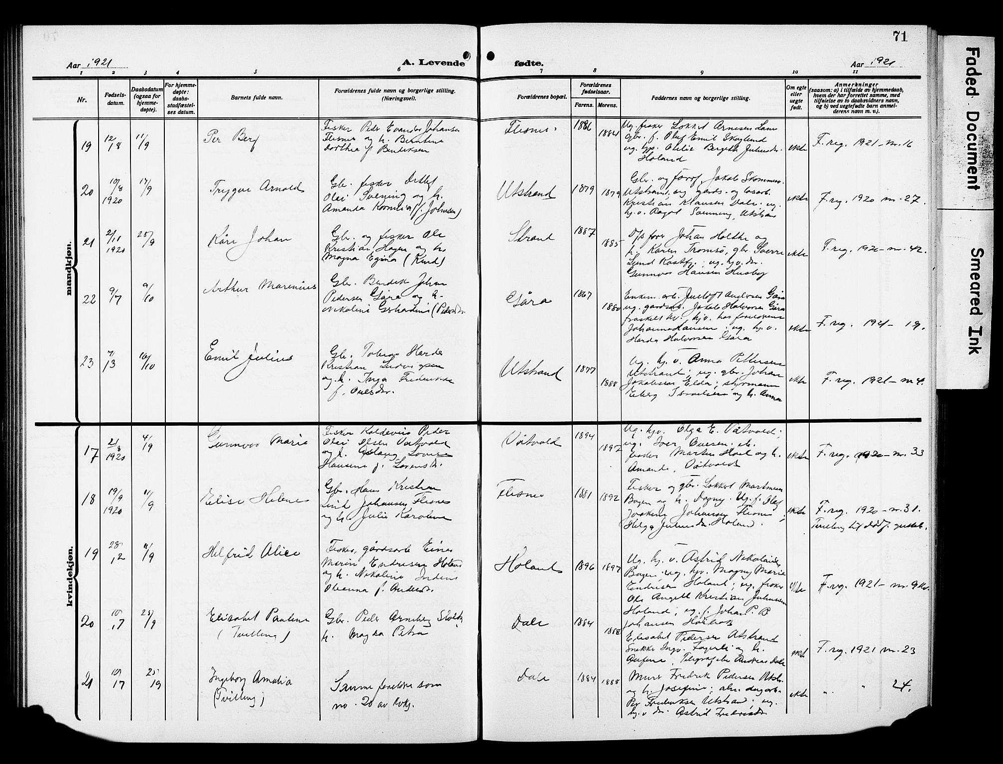 Kvæfjord sokneprestkontor, AV/SATØ-S-1323/G/Ga/Gab/L0006klokker: Parish register (copy) no. 6, 1912-1931, p. 71