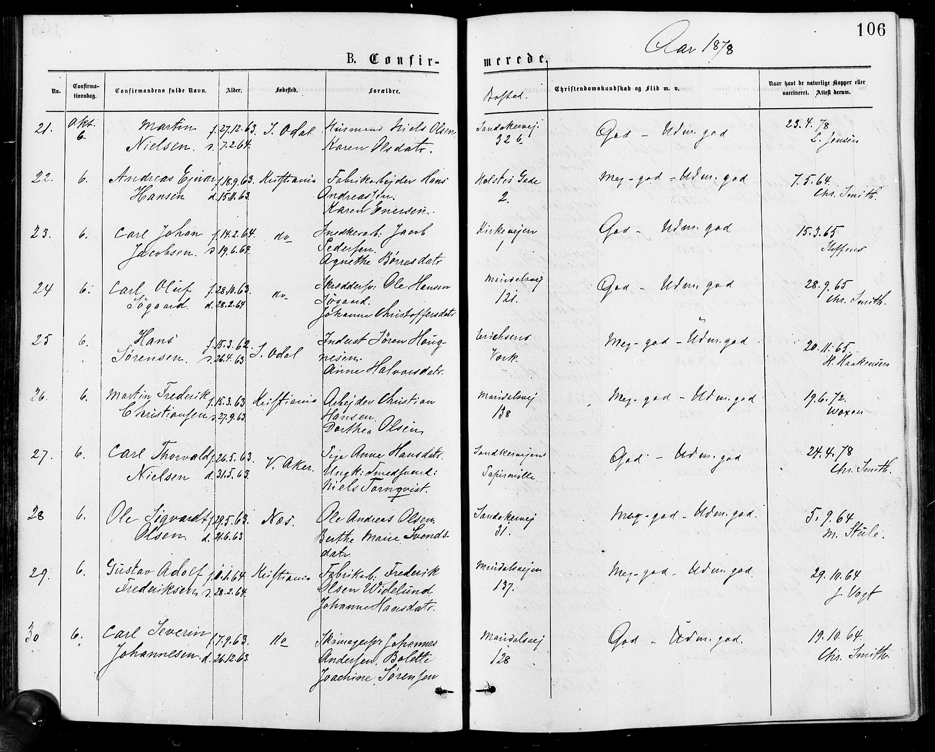 Gamle Aker prestekontor Kirkebøker, AV/SAO-A-10617a/F/L0005: Parish register (official) no. 5, 1873-1881, p. 106