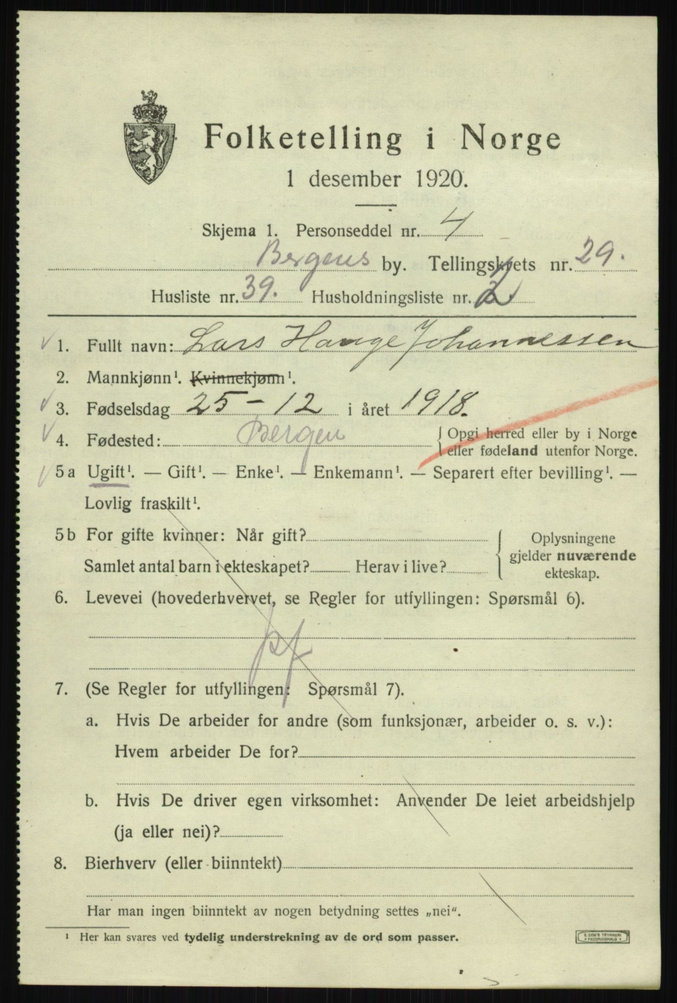 SAB, 1920 census for Bergen, 1920, p. 94717