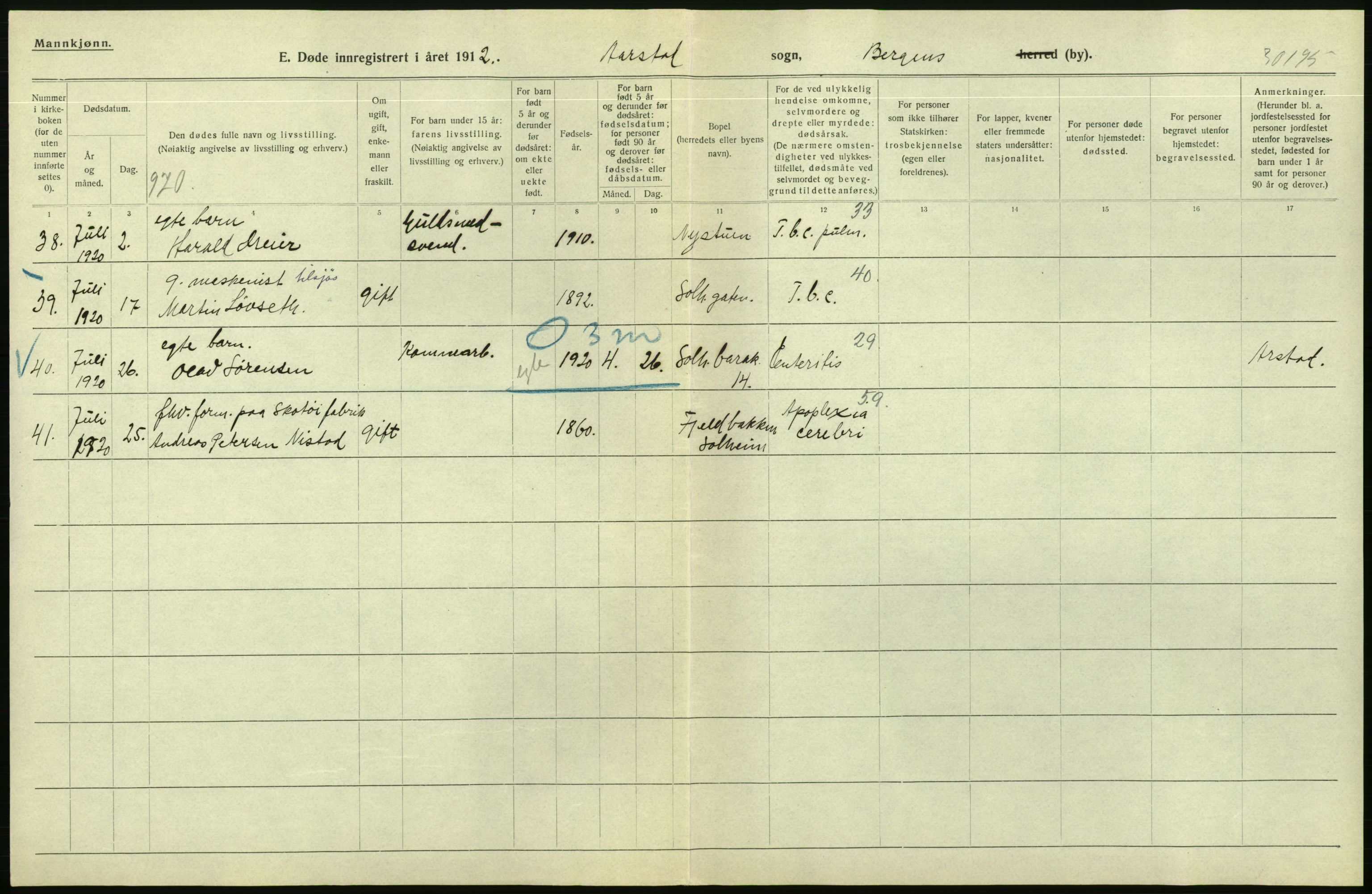 Statistisk sentralbyrå, Sosiodemografiske emner, Befolkning, AV/RA-S-2228/D/Df/Dfb/Dfbj/L0042: Bergen: Gifte, døde, dødfødte., 1920, p. 414