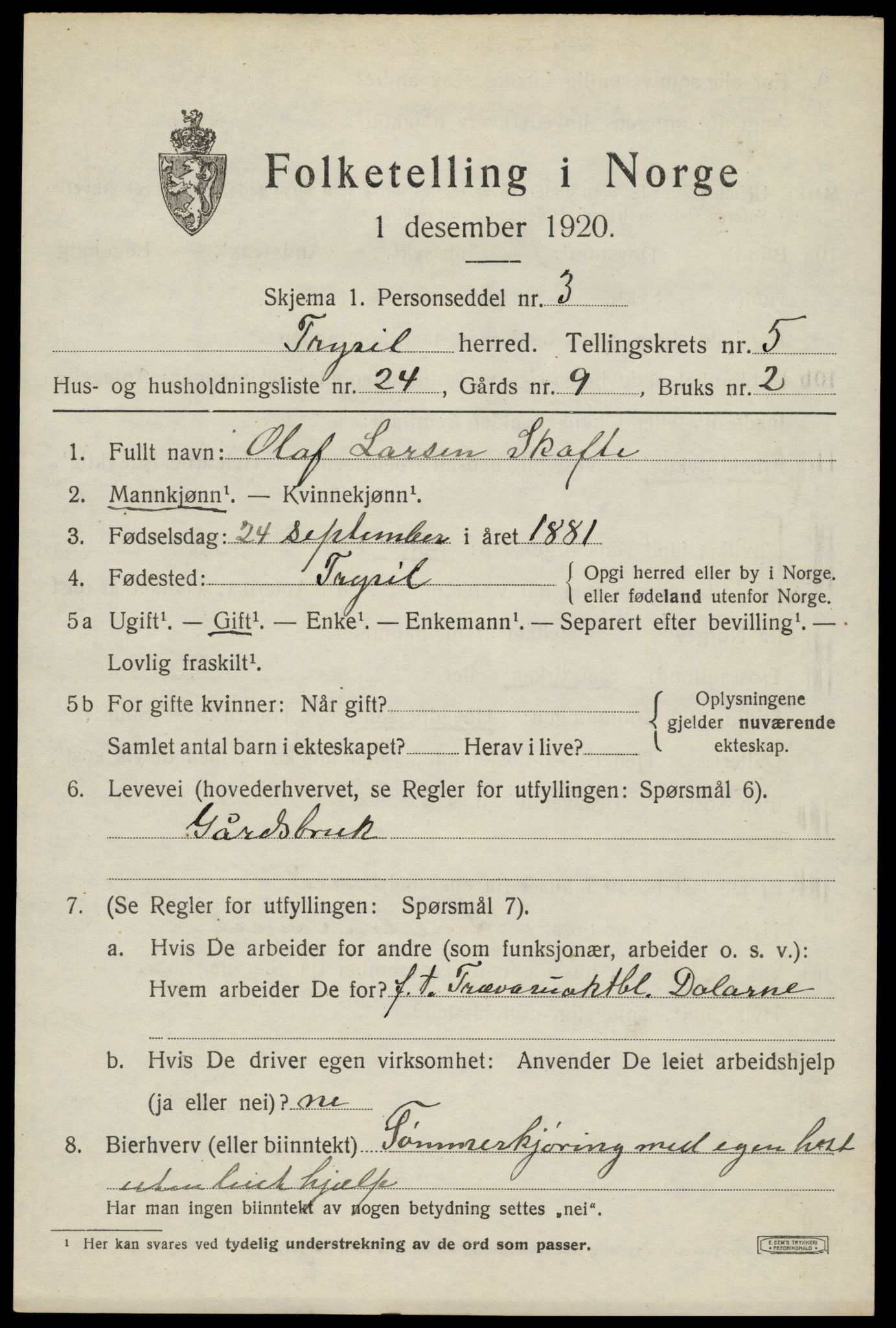 SAH, 1920 census for Trysil, 1920, p. 4521