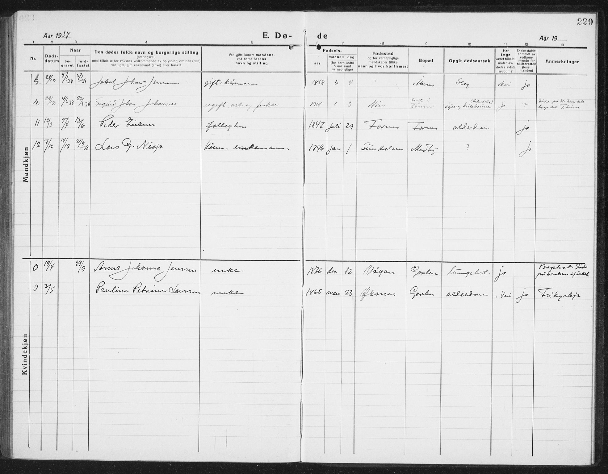 Ministerialprotokoller, klokkerbøker og fødselsregistre - Nordland, AV/SAT-A-1459/898/L1428: Parish register (copy) no. 898C03, 1918-1938, p. 229