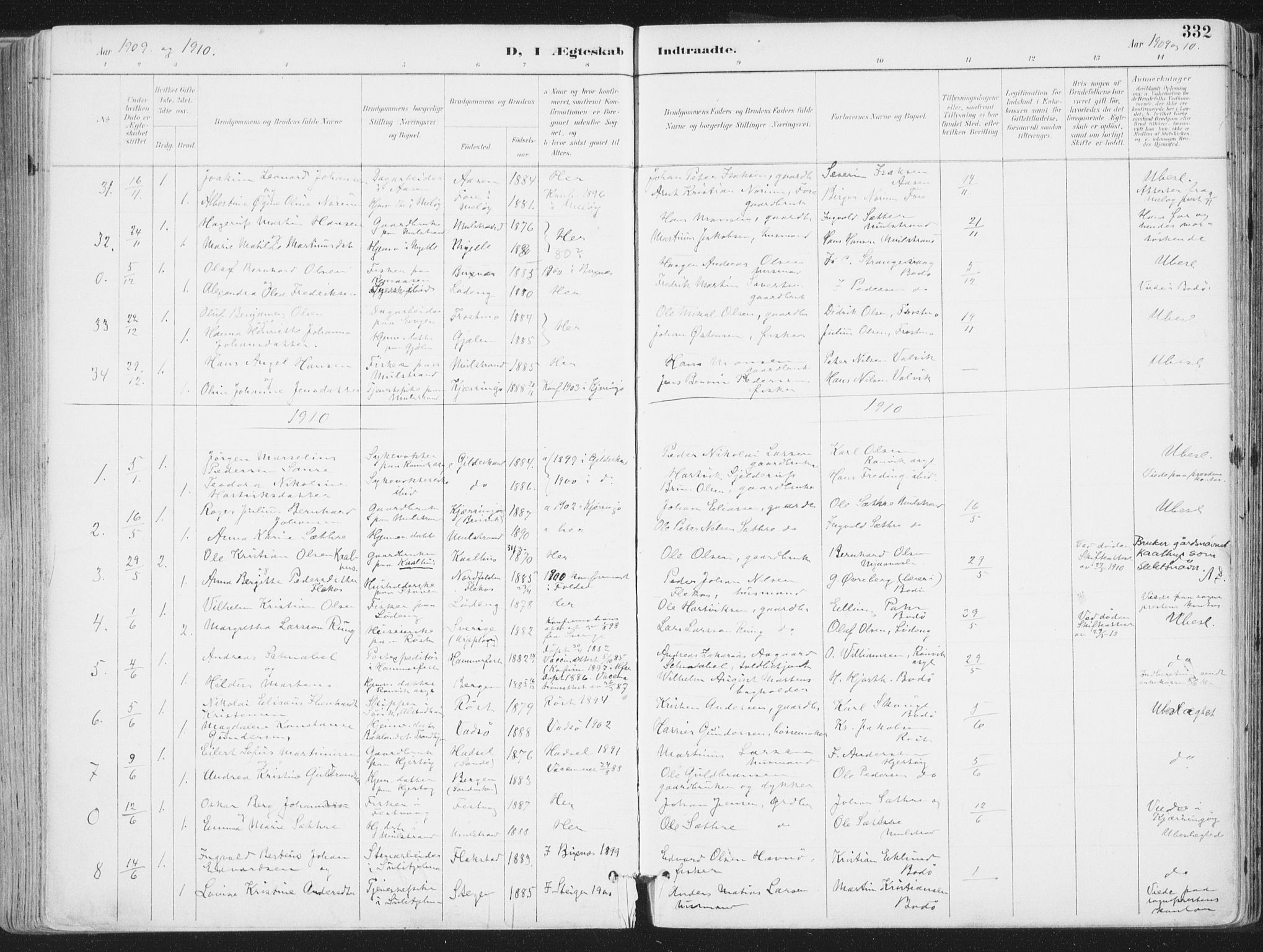 Ministerialprotokoller, klokkerbøker og fødselsregistre - Nordland, SAT/A-1459/802/L0055: Parish register (official) no. 802A02, 1894-1915, p. 332