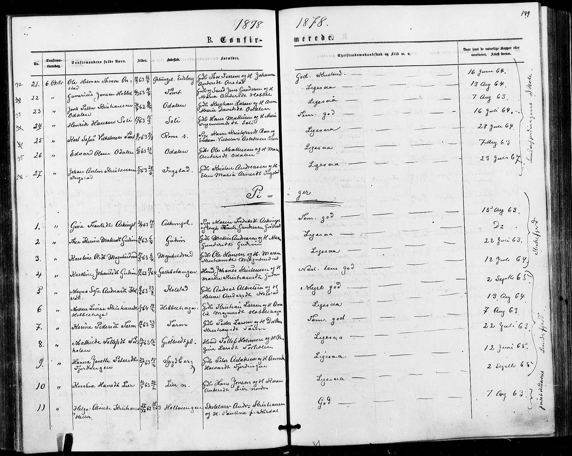 Askim prestekontor Kirkebøker, AV/SAO-A-10900/F/Fa/L0006: Parish register (official) no. 6, 1874-1881, p. 149