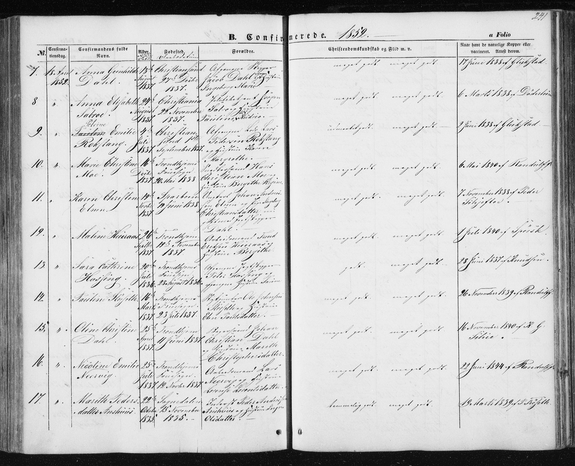 Ministerialprotokoller, klokkerbøker og fødselsregistre - Sør-Trøndelag, AV/SAT-A-1456/602/L0112: Parish register (official) no. 602A10, 1848-1859, p. 241