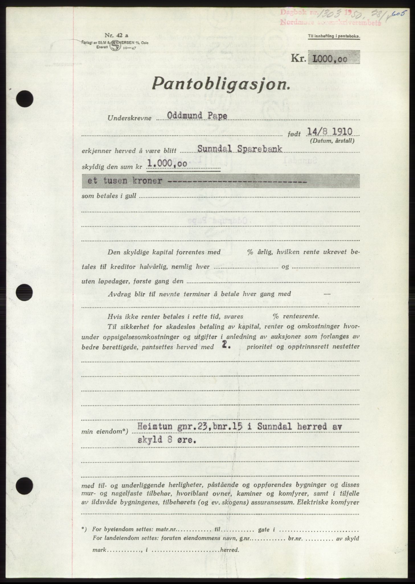 Nordmøre sorenskriveri, AV/SAT-A-4132/1/2/2Ca: Mortgage book no. B104, 1950-1950, Diary no: : 1303/1950