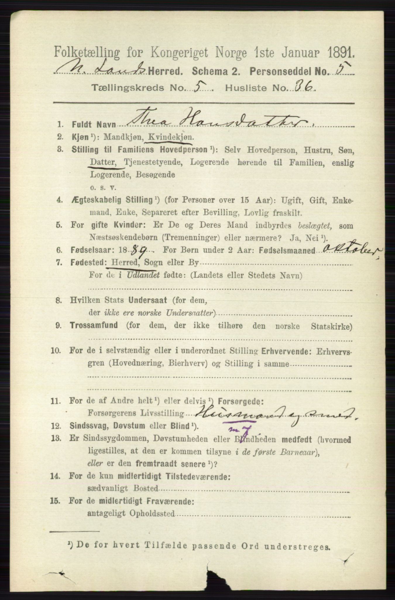 RA, 1891 census for 0538 Nordre Land, 1891, p. 1761