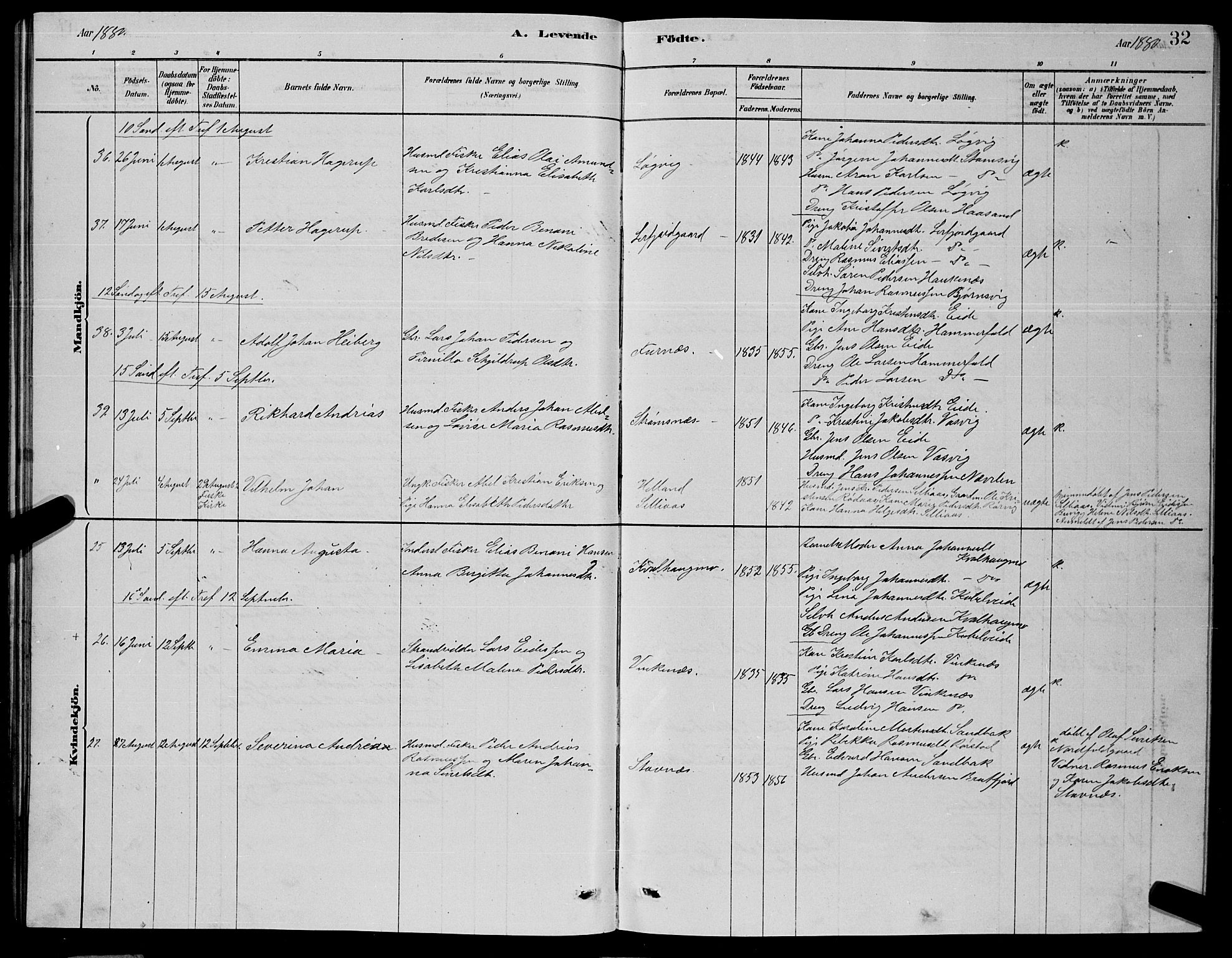 Ministerialprotokoller, klokkerbøker og fødselsregistre - Nordland, AV/SAT-A-1459/853/L0776: Parish register (copy) no. 853C04, 1878-1889, p. 32