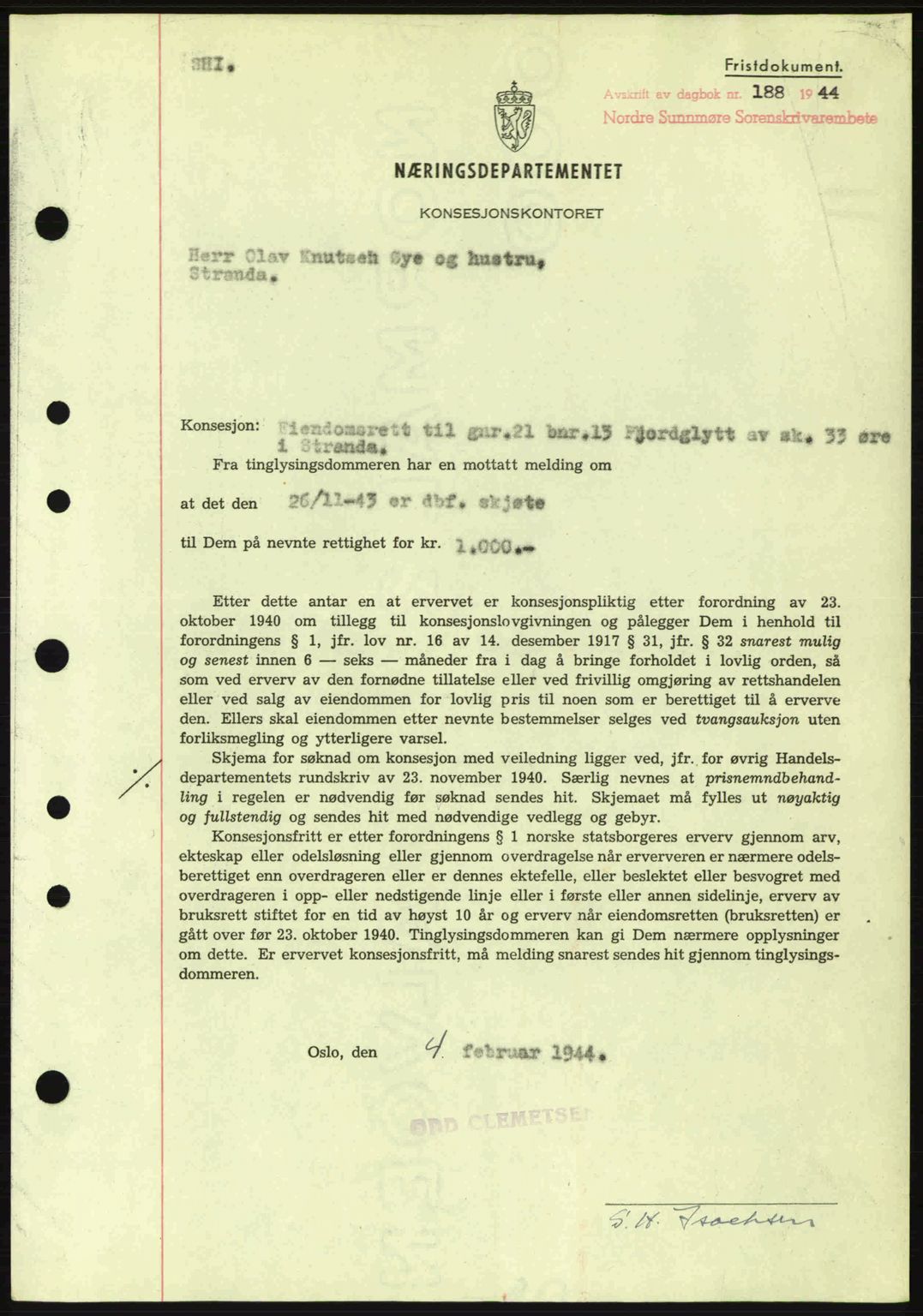 Nordre Sunnmøre sorenskriveri, SAT/A-0006/1/2/2C/2Ca: Mortgage book no. B6-14 a, 1942-1945, Diary no: : 188/1944