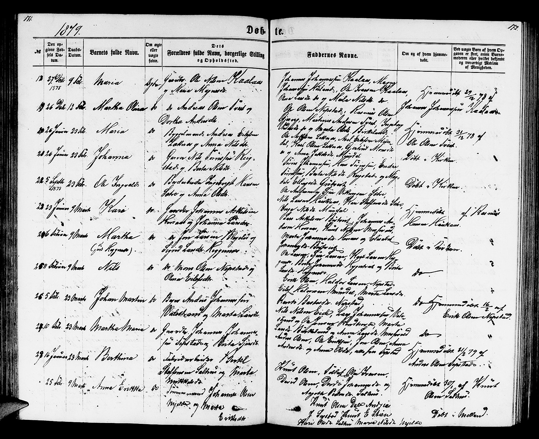 Hamre sokneprestembete, SAB/A-75501/H/Ha/Hab: Parish register (copy) no. B 2, 1863-1880, p. 171-172