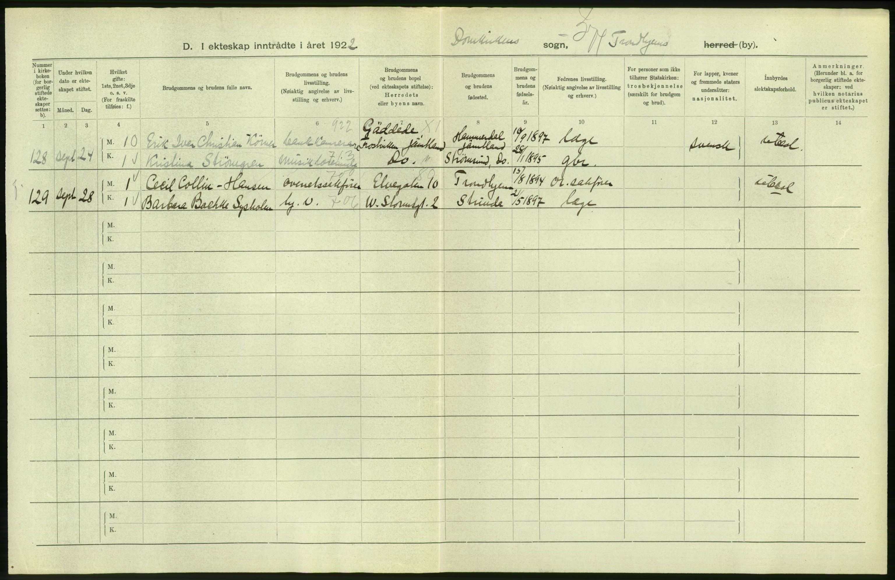 Statistisk sentralbyrå, Sosiodemografiske emner, Befolkning, AV/RA-S-2228/D/Df/Dfc/Dfcb/L0040: Trondheim: Gifte, døde, dødfødte., 1922, p. 36