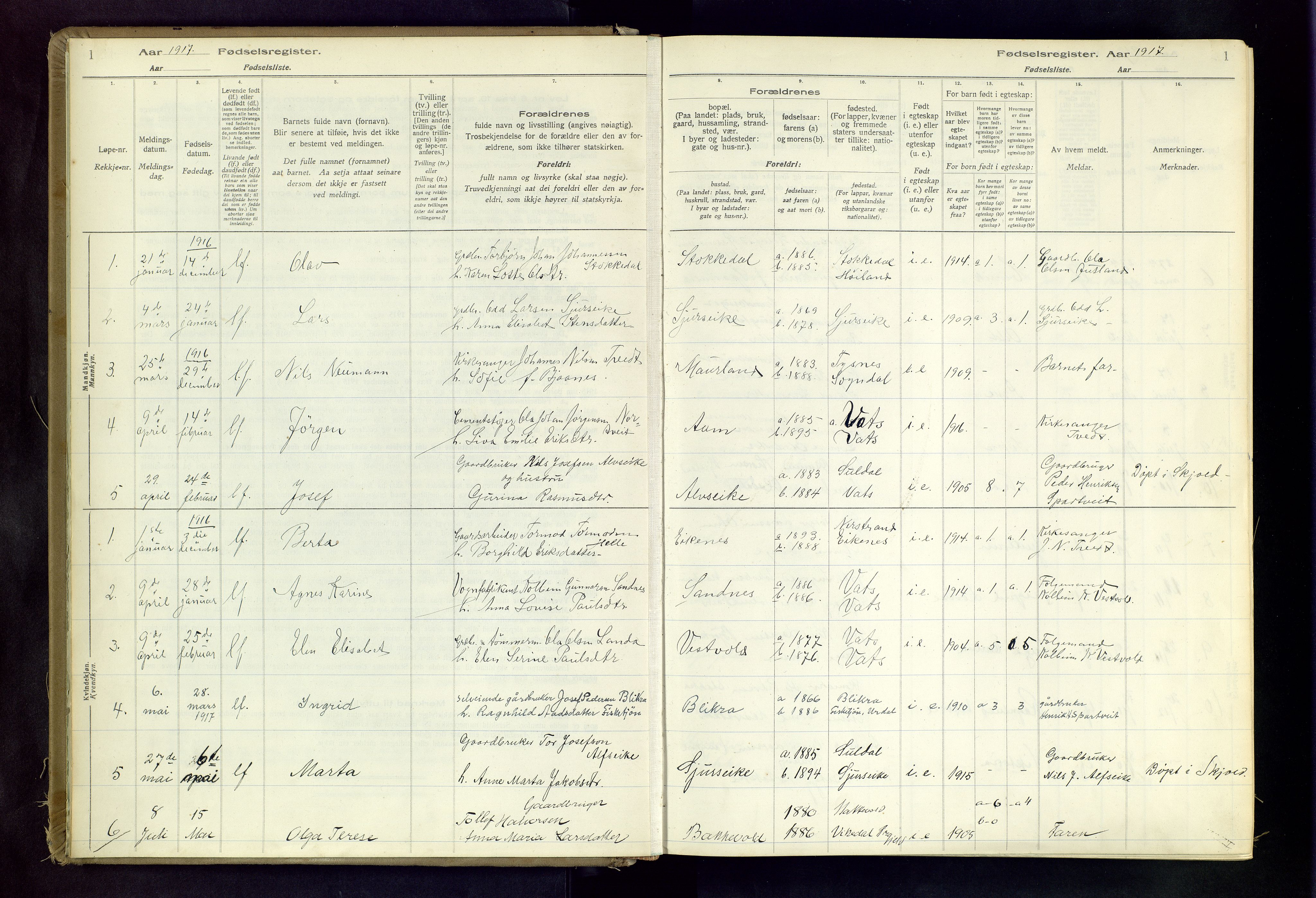 Skjold sokneprestkontor, AV/SAST-A-101847/I/Id/L0003: Birth register no. 3, 1917-1982, p. 1