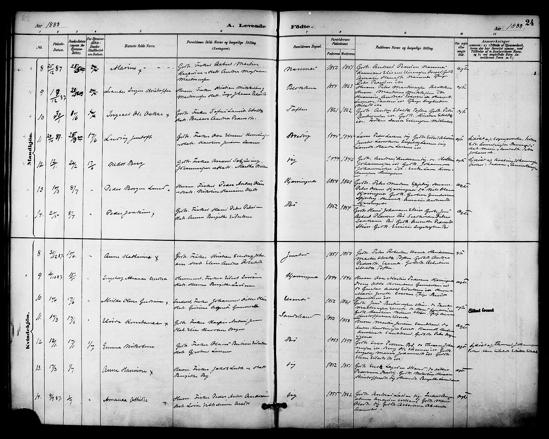 Ministerialprotokoller, klokkerbøker og fødselsregistre - Nordland, AV/SAT-A-1459/895/L1371: Parish register (official) no. 895A06, 1885-1894, p. 24