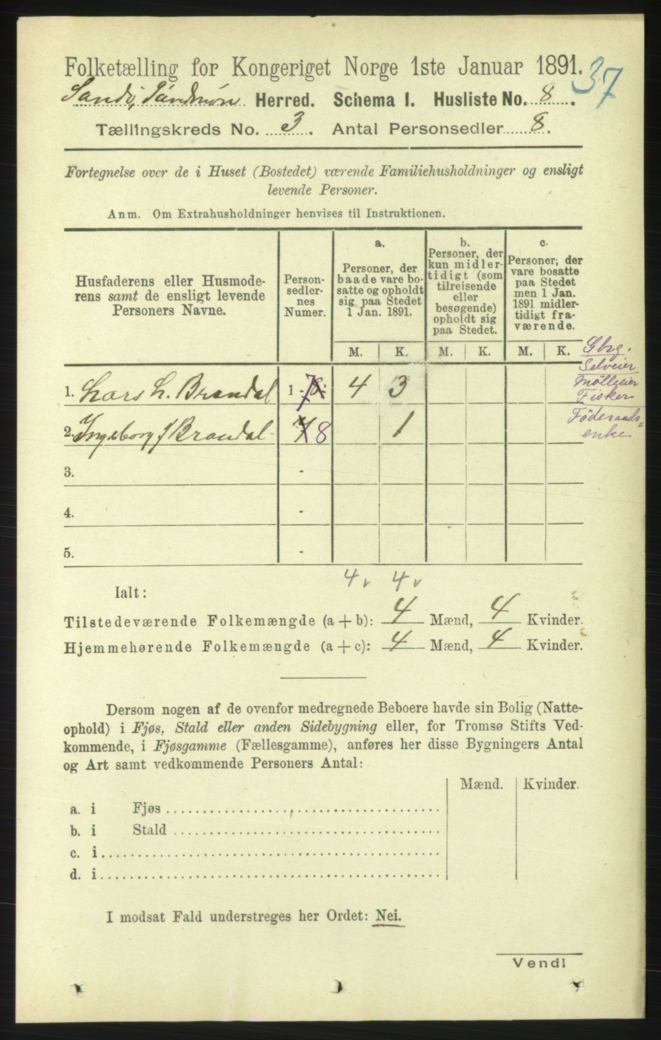 RA, 1891 census for 1514 Sande, 1891, p. 426