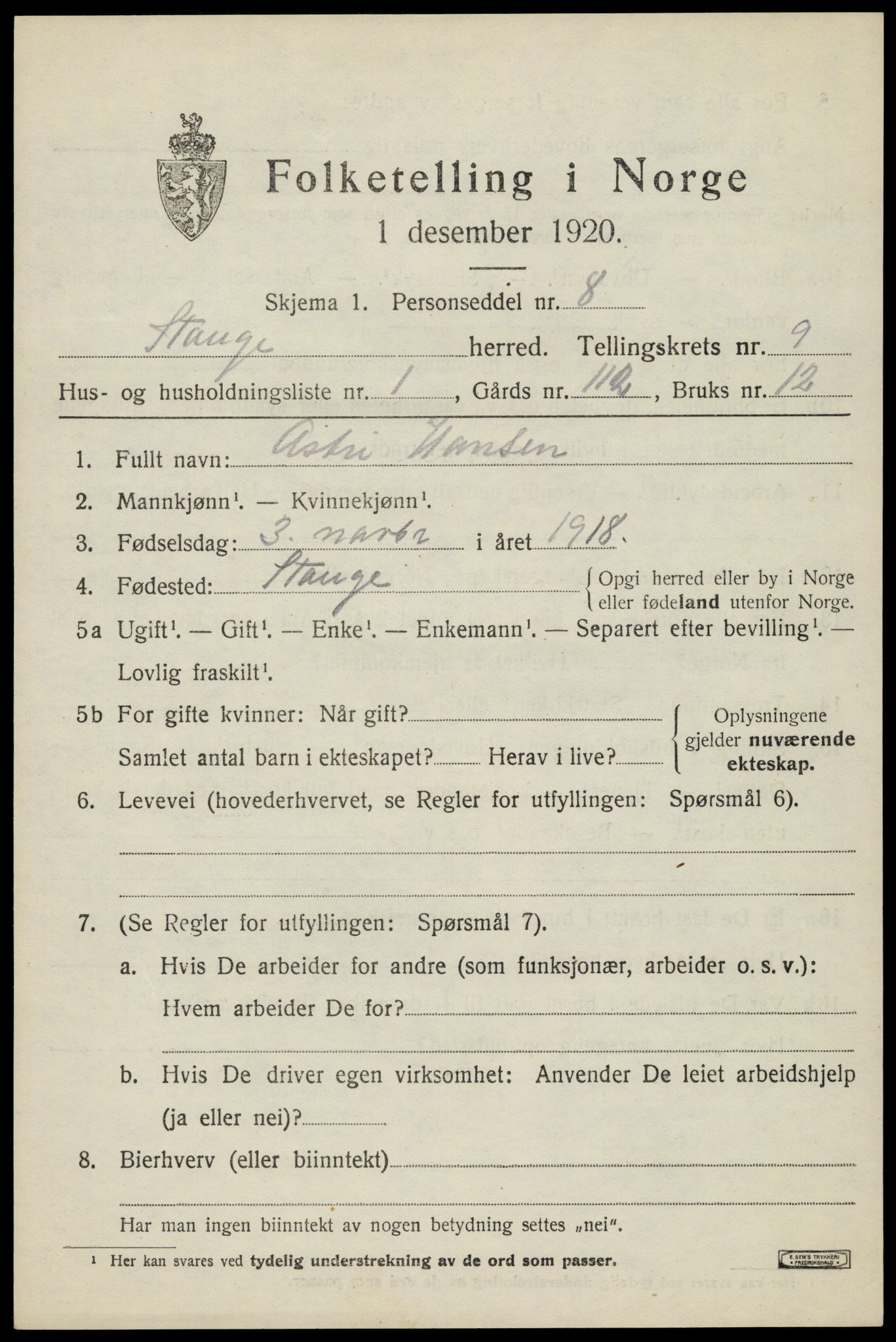 SAH, 1920 census for Stange, 1920, p. 14595