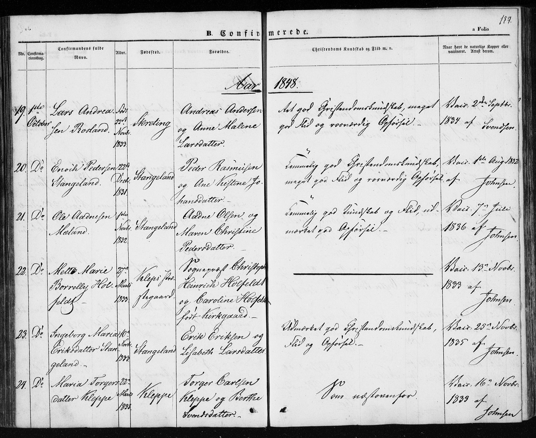 Klepp sokneprestkontor, AV/SAST-A-101803/001/3/30BA/L0004: Parish register (official) no. A 4, 1842-1852, p. 157