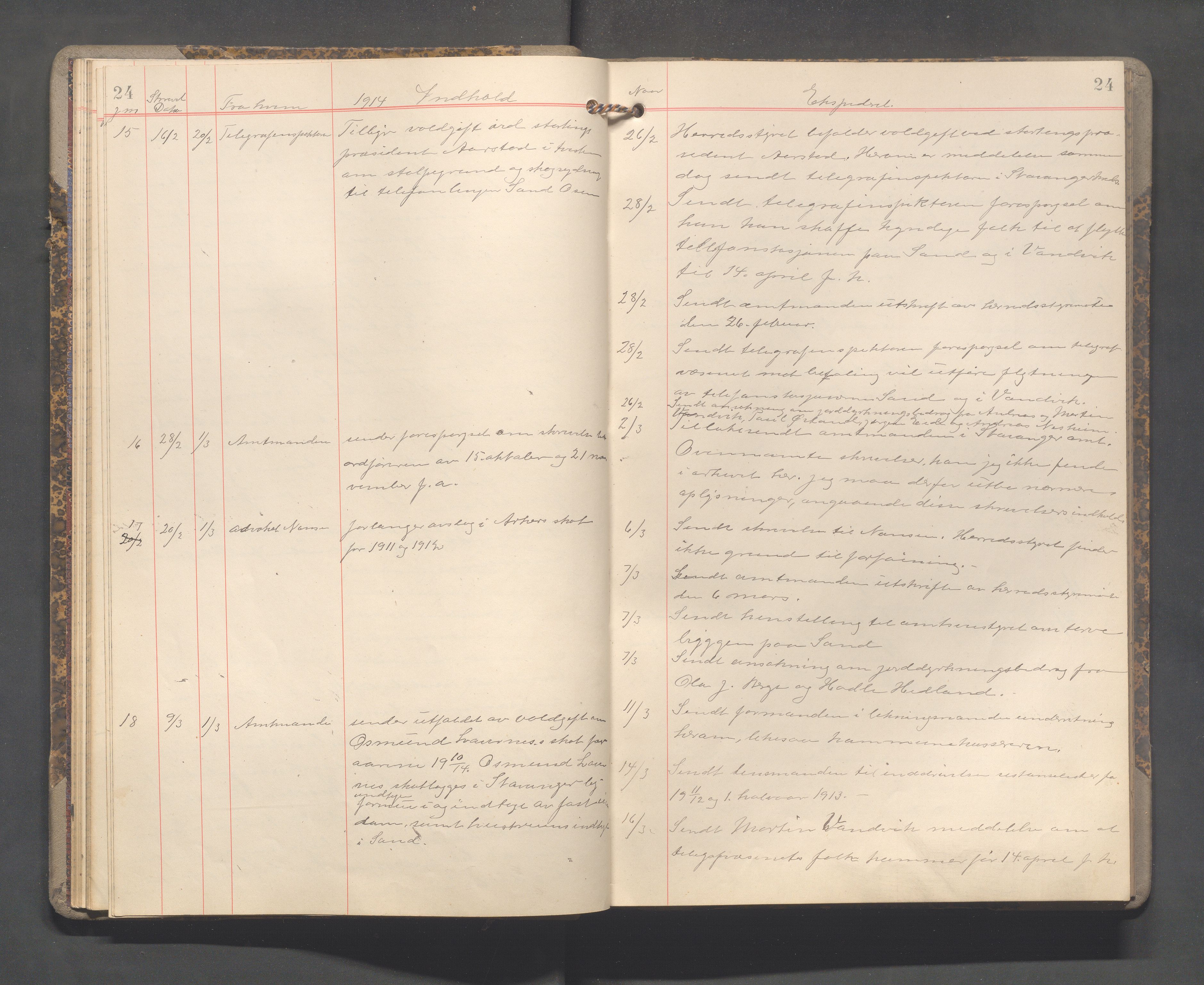 Sand kommune - Formannskapet, IKAR/K-102092/C/Ca/L0003: Brevjournal, 1911-1918, p. 24
