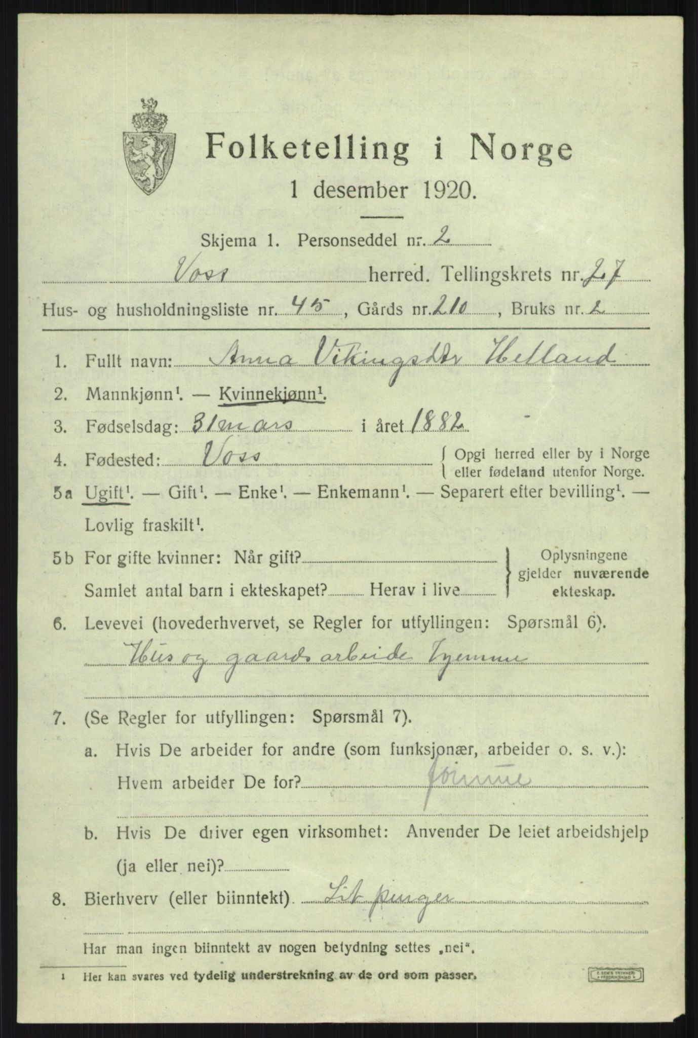 SAB, 1920 census for Voss, 1920, p. 18915