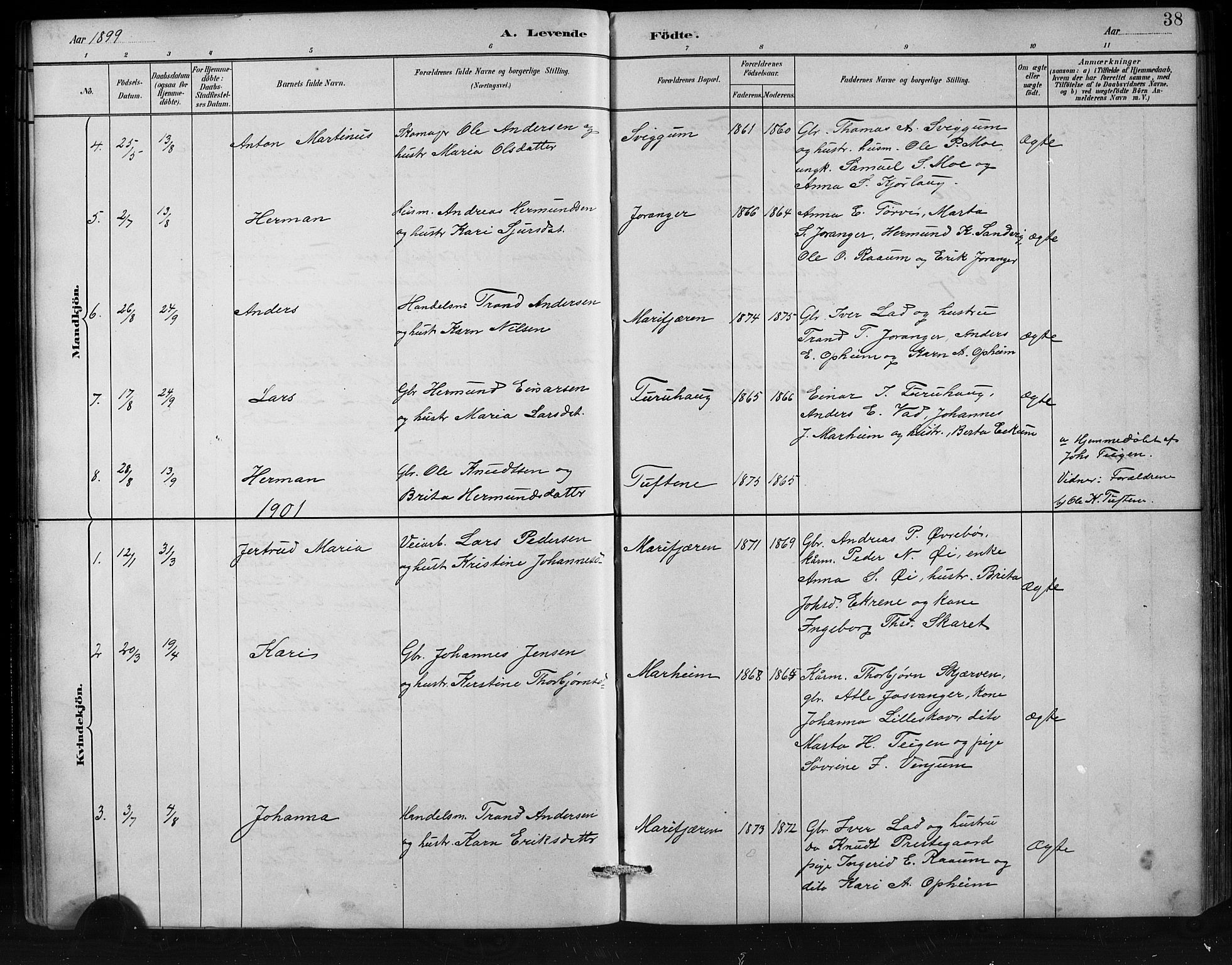 Jostedal sokneprestembete, SAB/A-80601/H/Hab/Habd/L0001: Parish register (copy) no. D 1, 1882-1910, p. 38