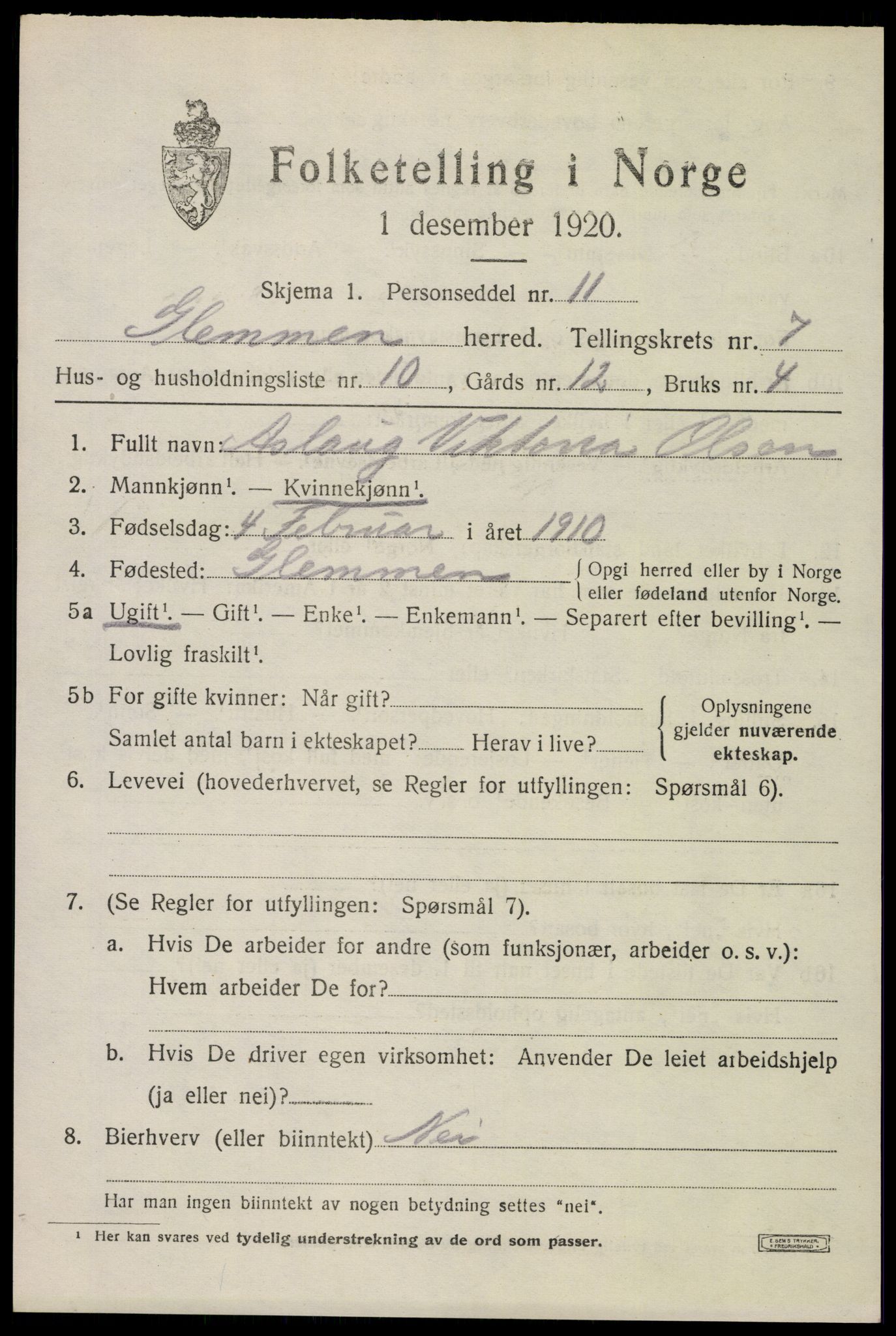 SAO, 1920 census for Glemmen, 1920, p. 23713